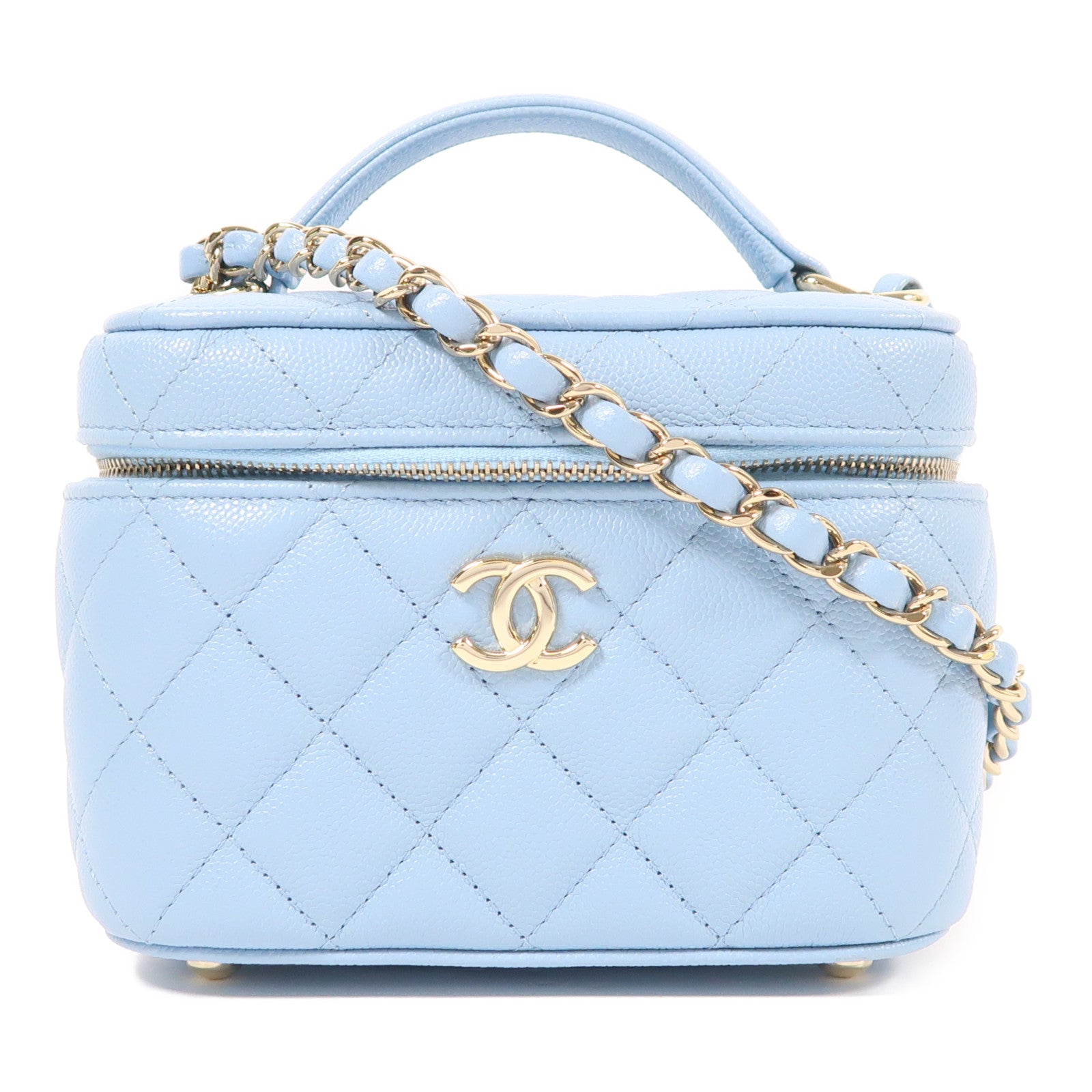 CHANEL CC GHW Vanity Bag Chain 2 Way Shoulder Bag Calfskin Leather Blue