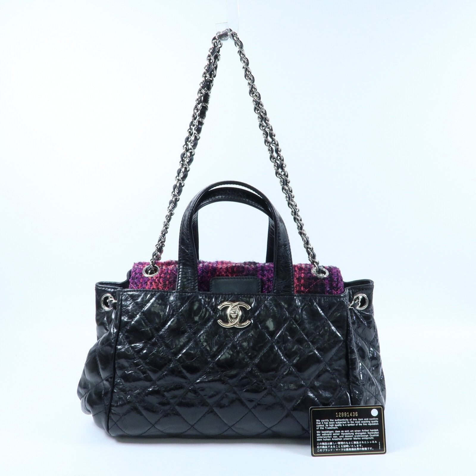 CHANEL 牛皮皮革/Tweed Portobello Tote銀扣鏈帶手挽肩背兩用袋