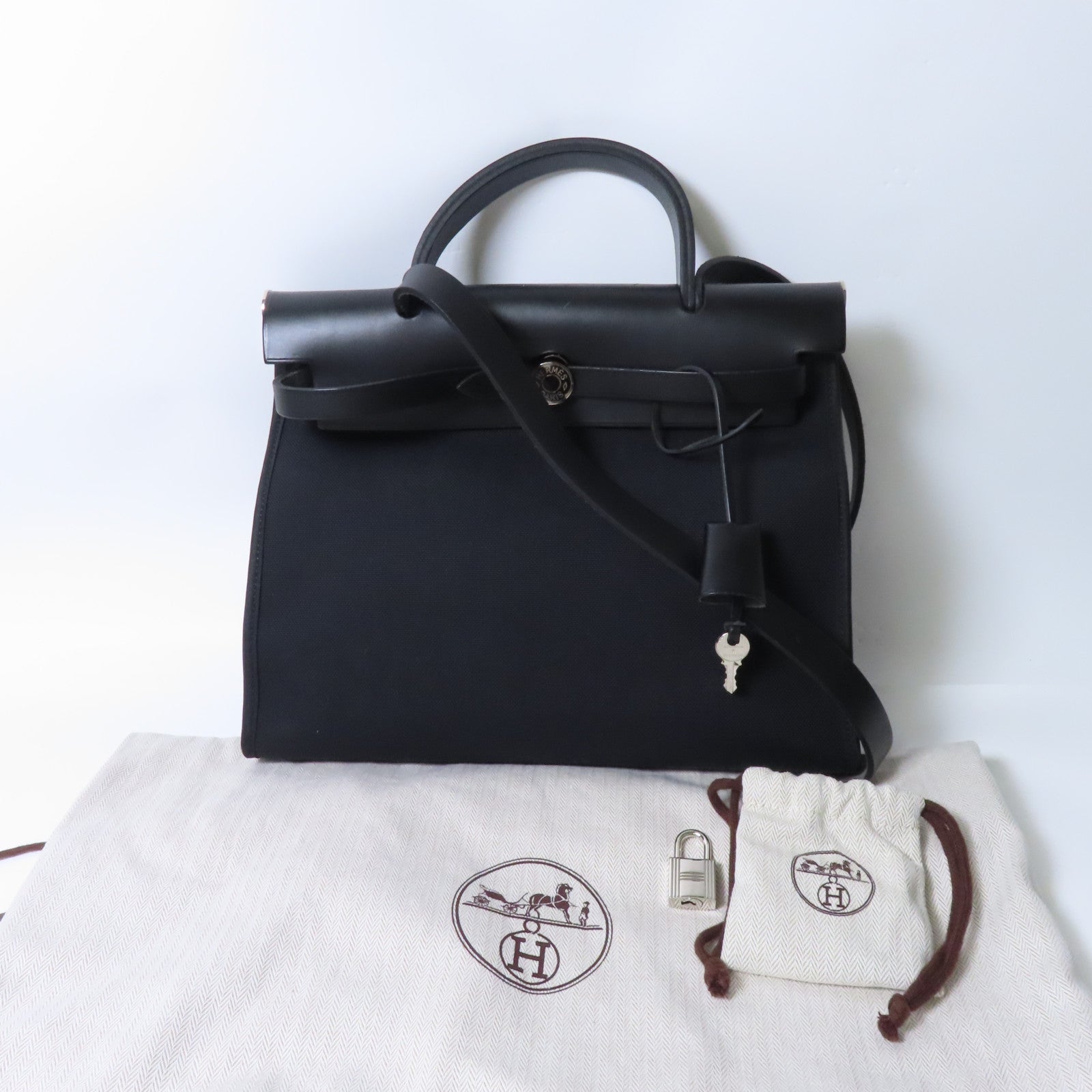 HERMES 帆布Herbag PM銀扣手挽肩背兩用袋黑色