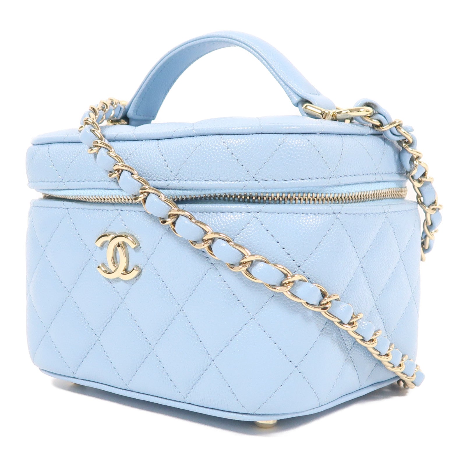 CHANEL CC GHW Vanity Bag Chain 2 Way Shoulder Bag Calfskin Leather Blue