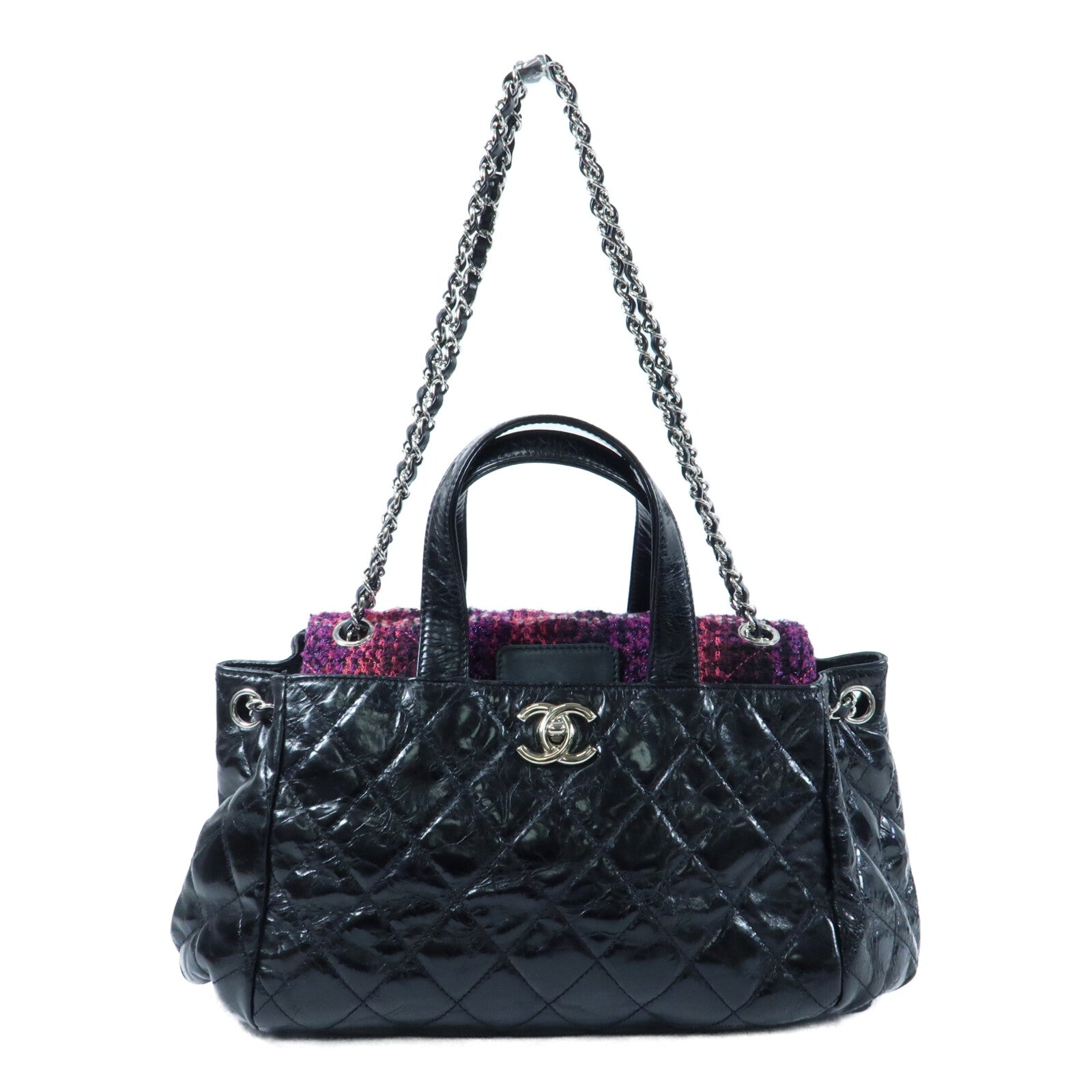 CHANEL 牛皮皮革/Tweed Portobello Tote銀扣鏈帶手挽肩背兩用袋
