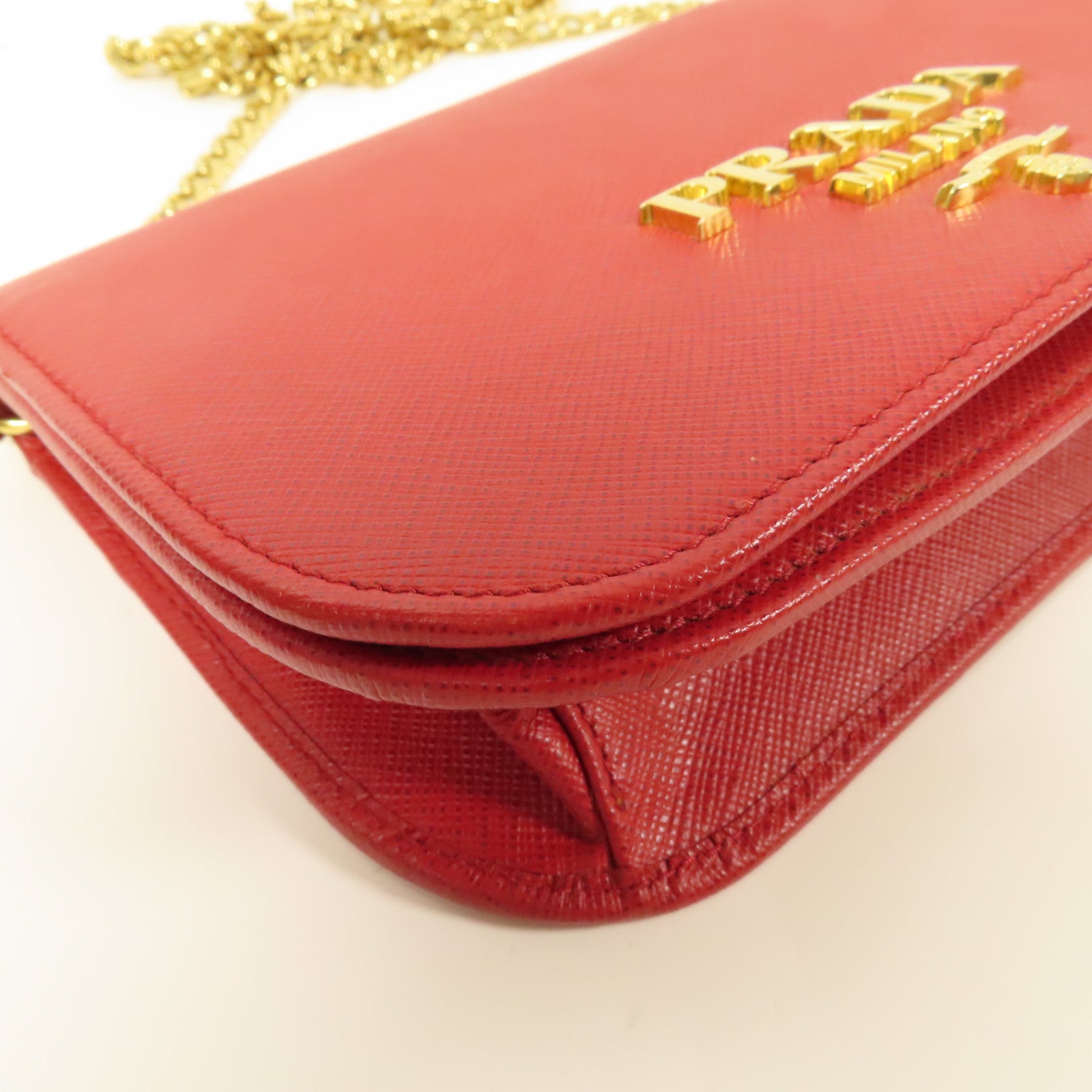 PRADA GHW Chain Wallet Shoulder Bag Saffiano Leather Red