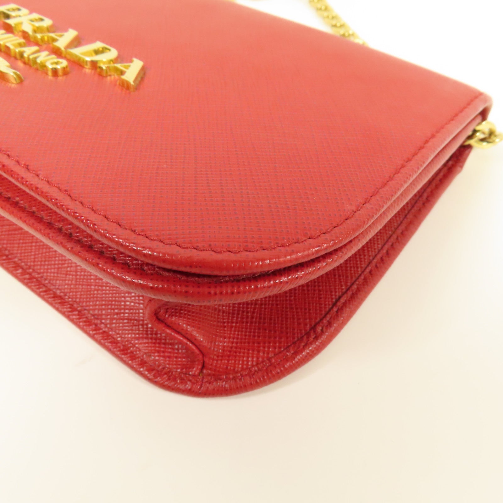 PRADA GHW Chain Wallet Shoulder Bag Saffiano Leather Red