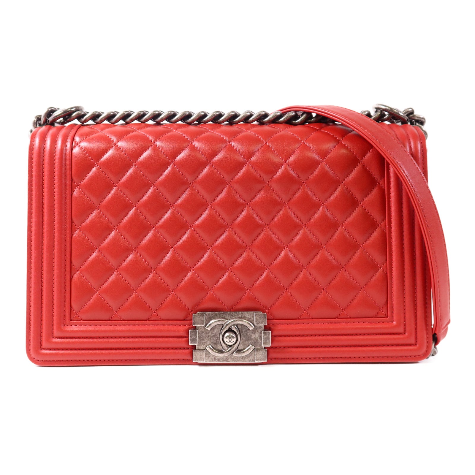 CHANEL CC SHW Boy 28 Chain Shoulder Bag Leather Red