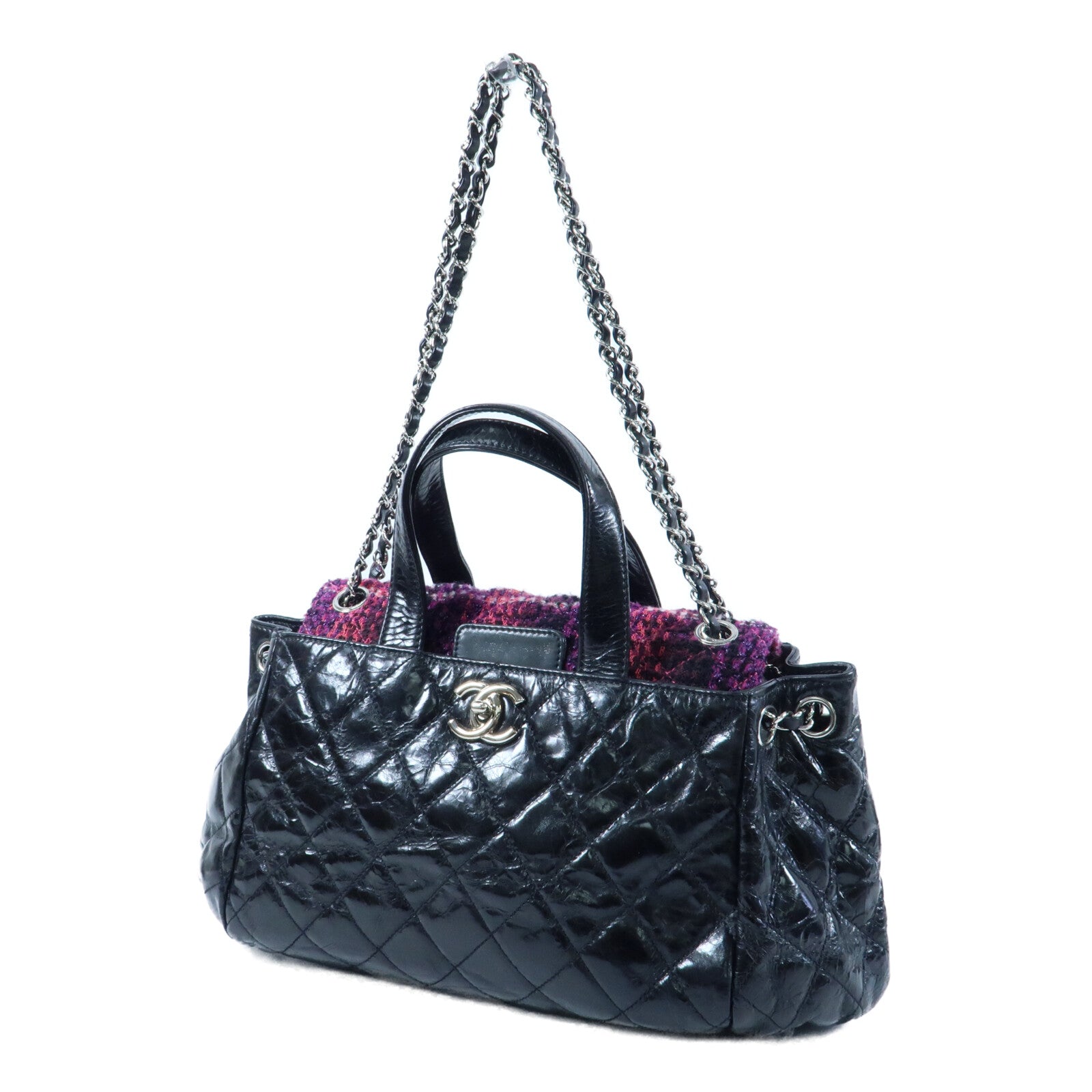CHANEL 牛皮皮革/Tweed Portobello Tote銀扣鏈帶手挽肩背兩用袋