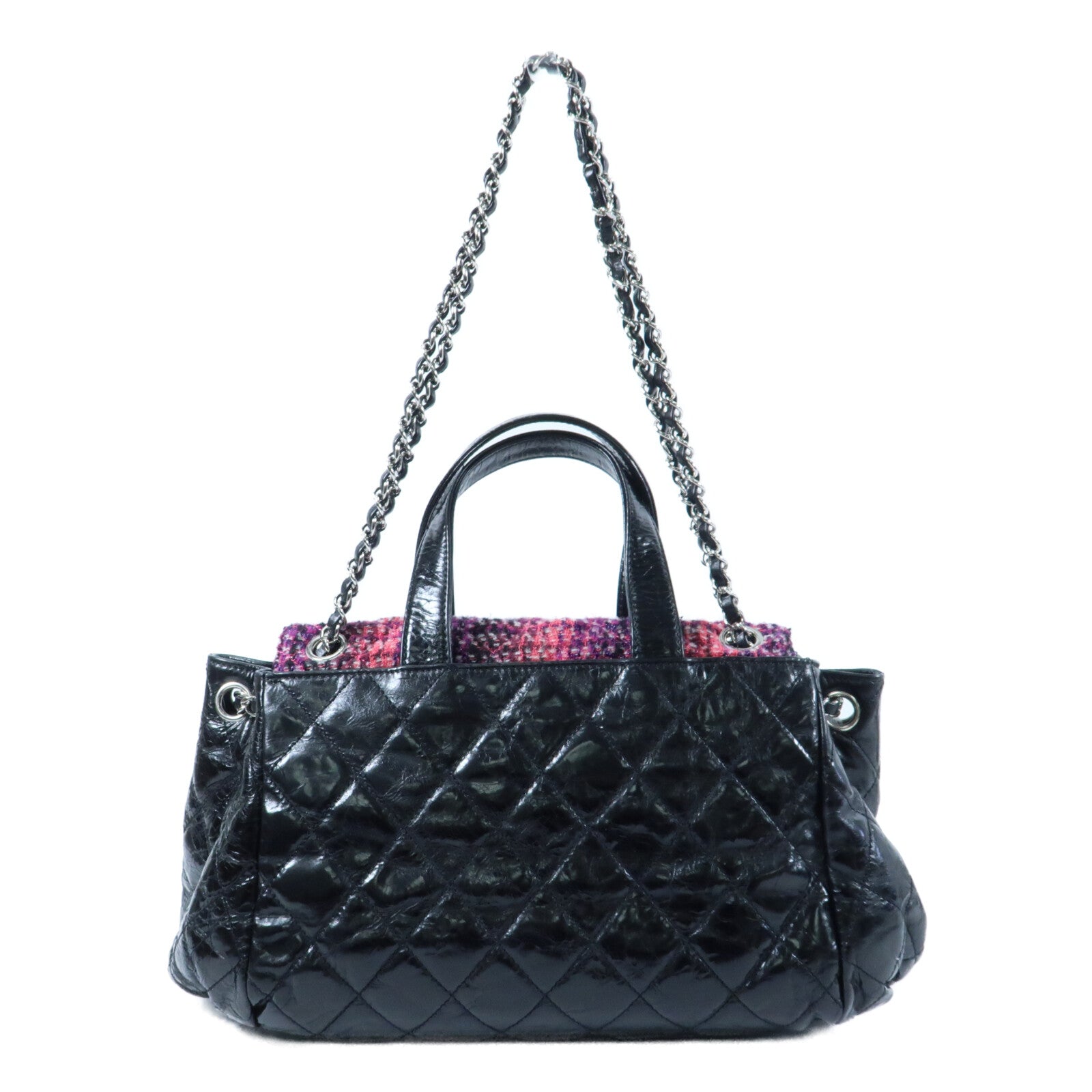 CHANEL 牛皮皮革/Tweed Portobello Tote銀扣鏈帶手挽肩背兩用袋