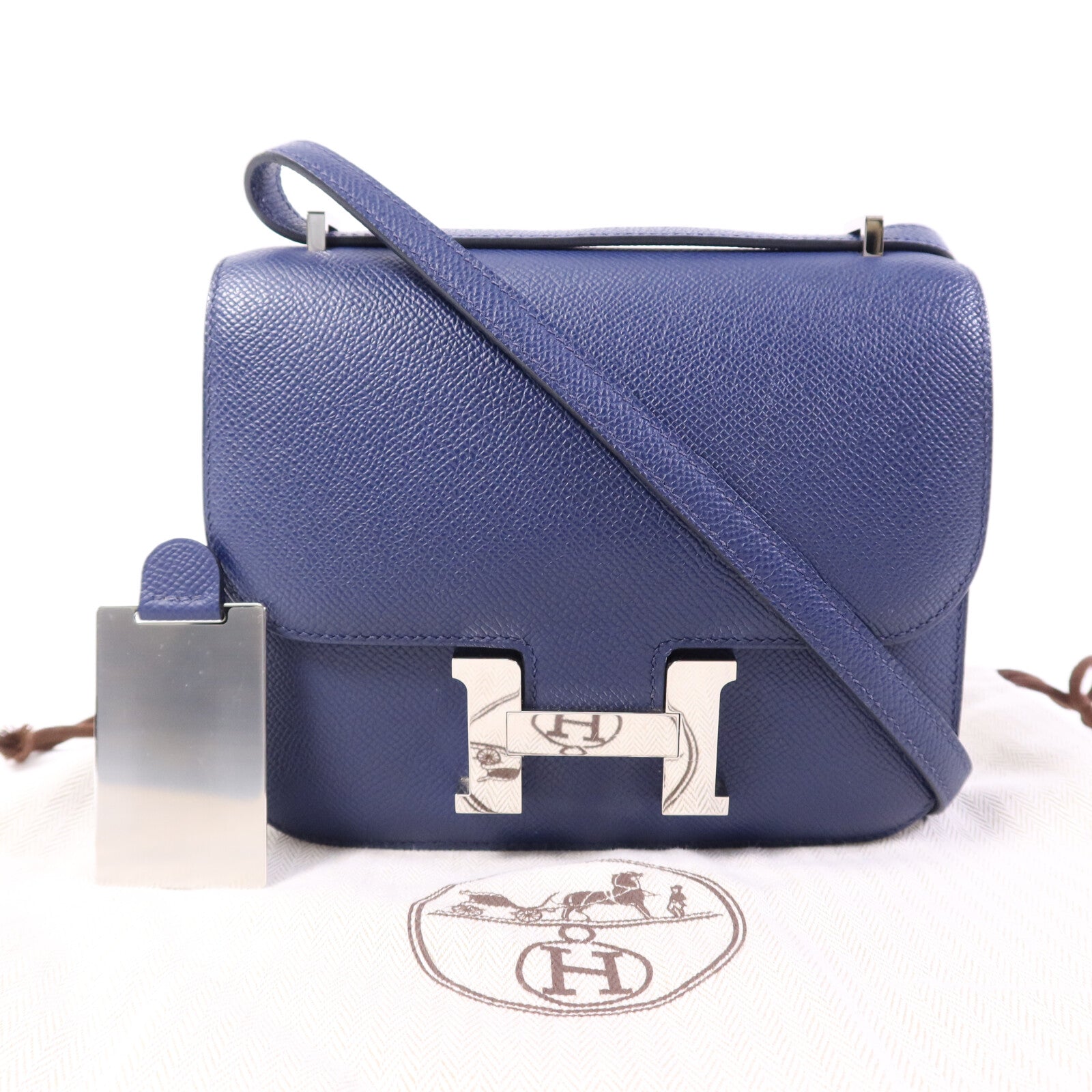 HERMES Epsom皮革Constance Mini銀扣肩背袋Bleu Saphir