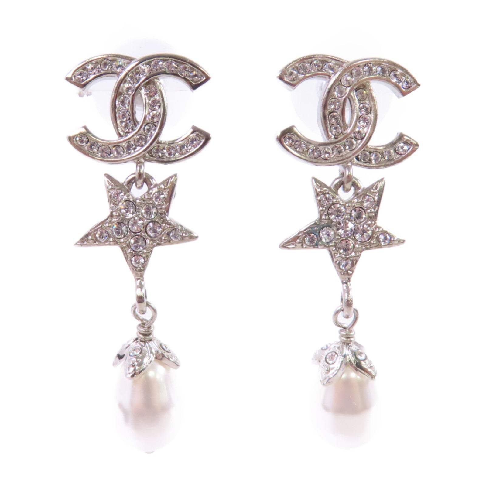 CHANEL 金屬/仿珍珠/水鑽CC Earrings銀扣耳環