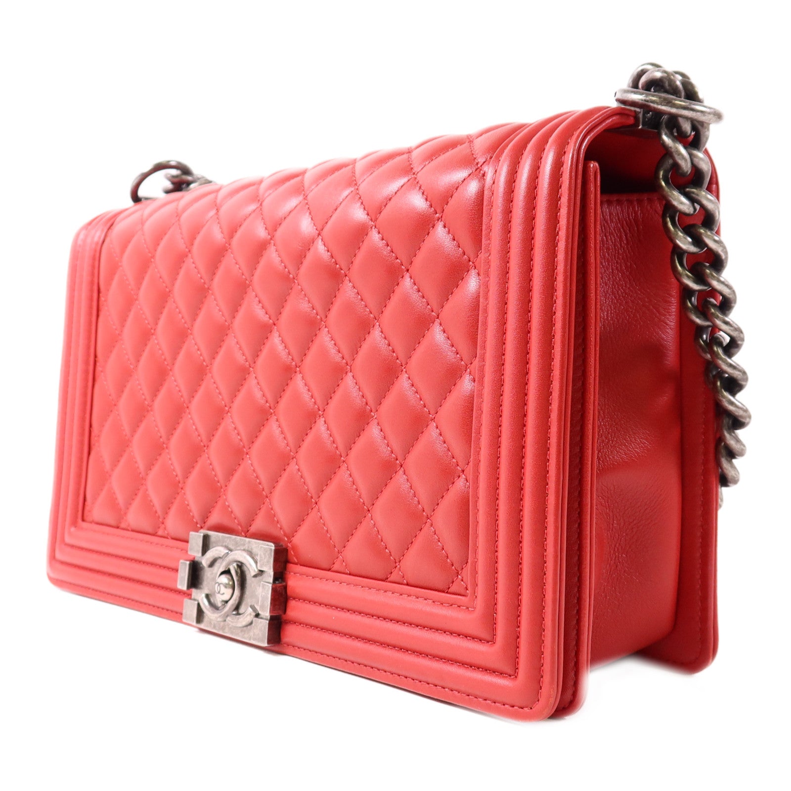 CHANEL CC SHW Boy 28 Chain Shoulder Bag Leather Red