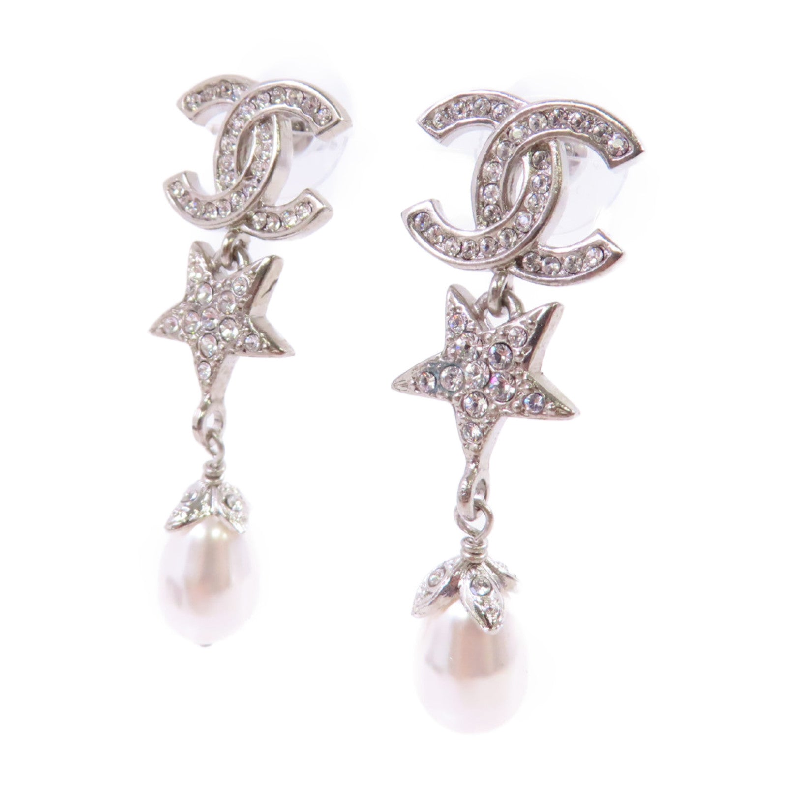 CHANEL 金屬/仿珍珠/水鑽CC Earrings銀扣耳環
