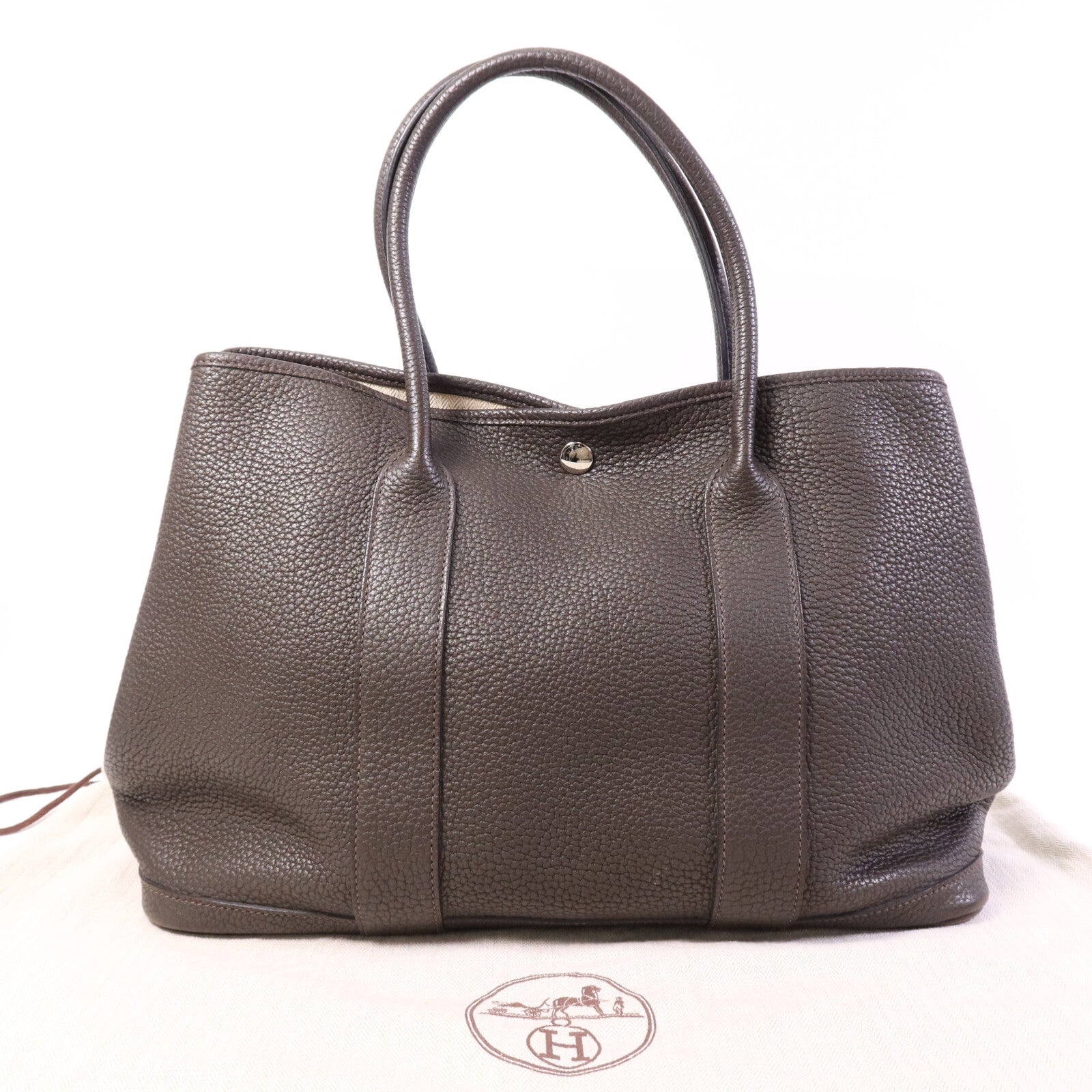 HERMES Negonda皮革GardenParty PM銀扣手挽袋Chocolat
