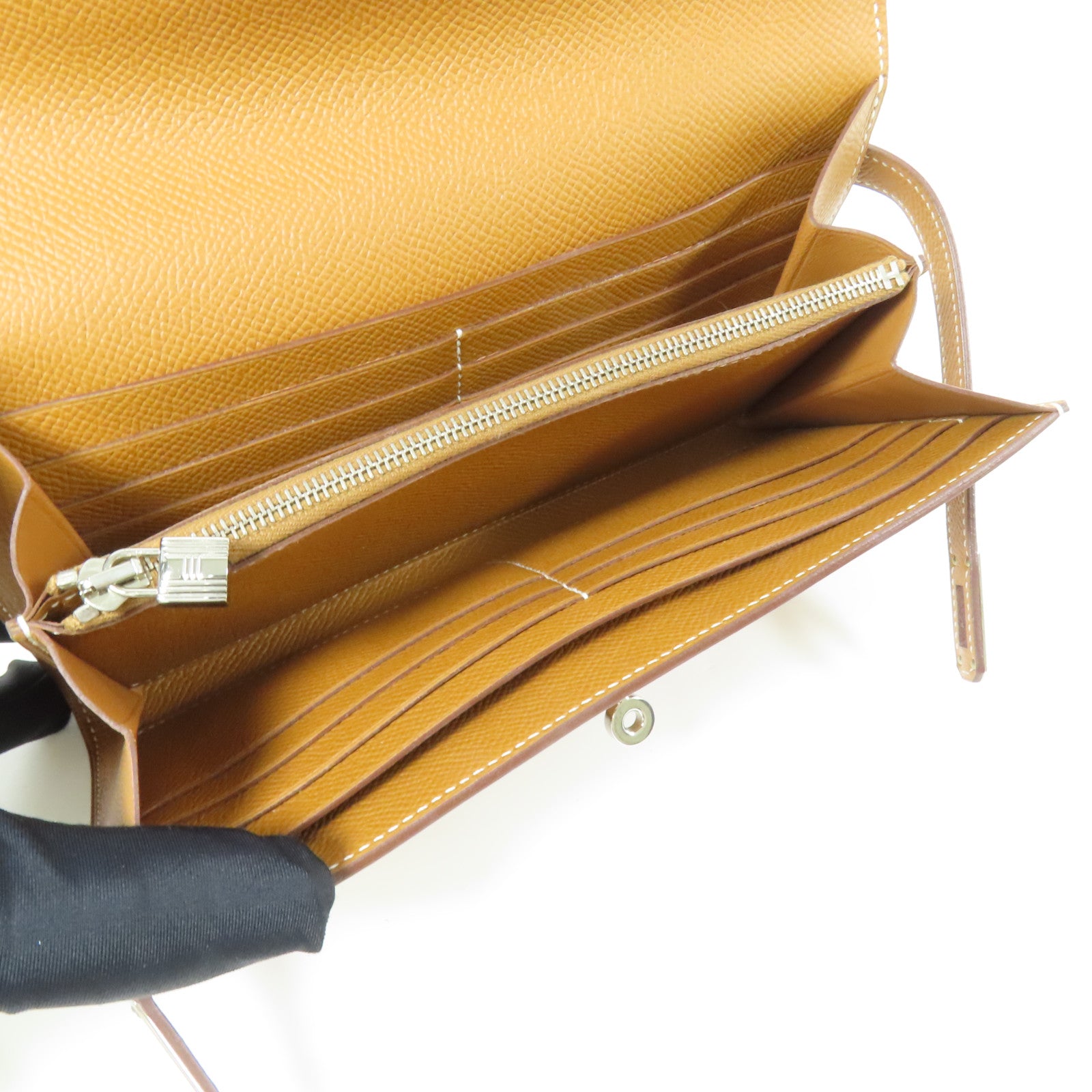 HERMES Epsom皮革Kelly Long Wallet銀扣長錢包Gold