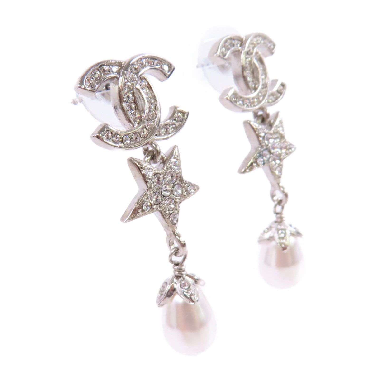 CHANEL 金屬/仿珍珠/水鑽CC Earrings銀扣耳環