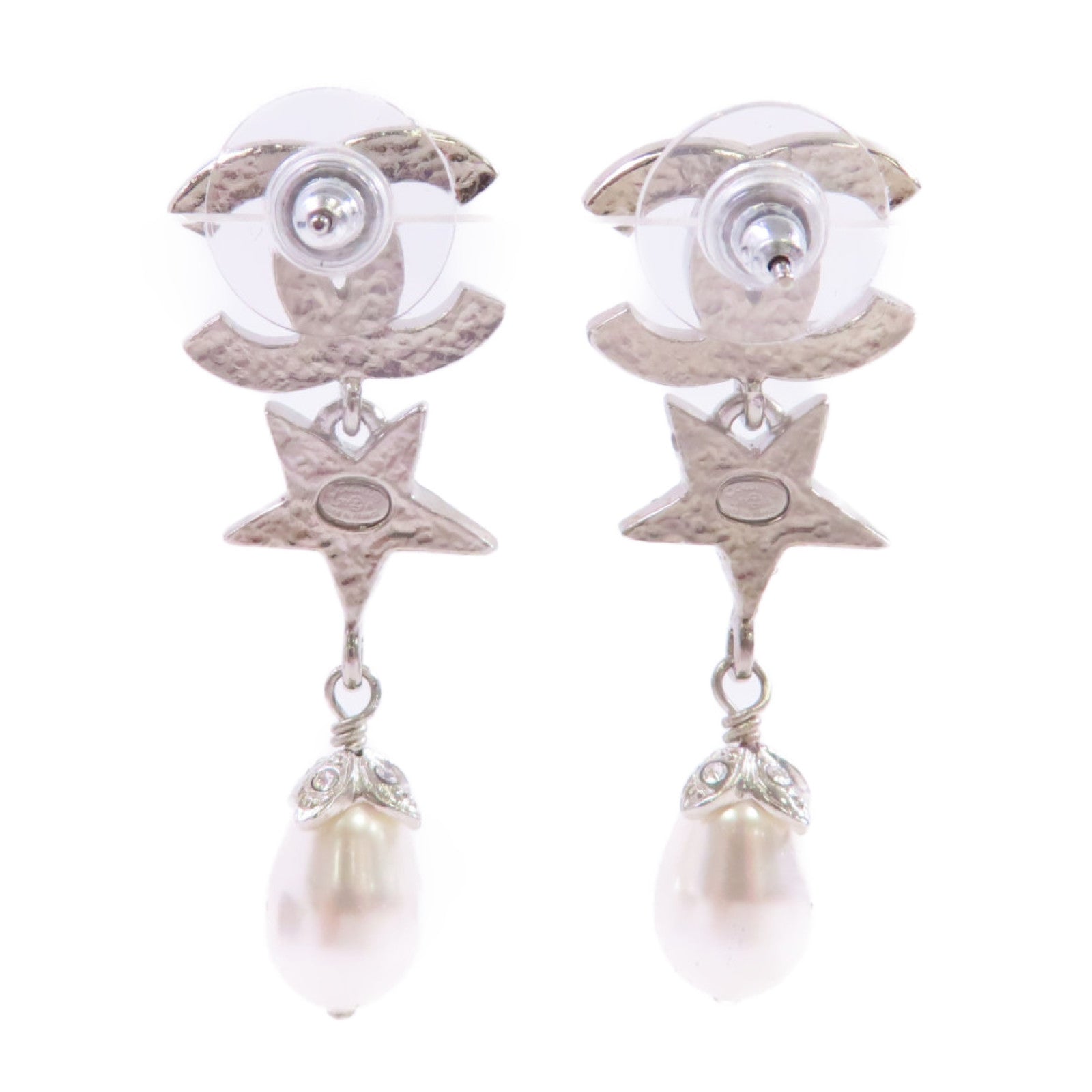 CHANEL 金屬/仿珍珠/水鑽CC Earrings銀扣耳環