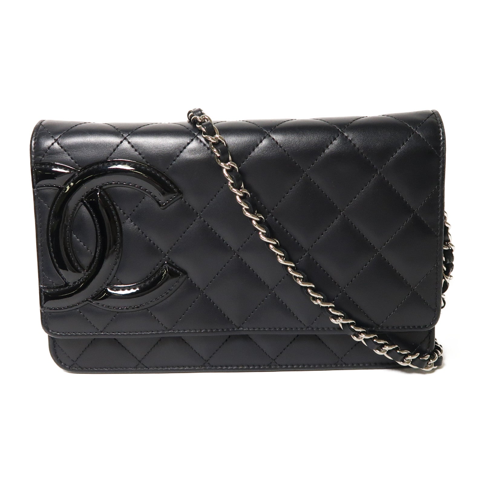 CHANEL 菱格牛皮皮革Cambon Wallet On Chain銀扣鏈帶肩背袋黑色
