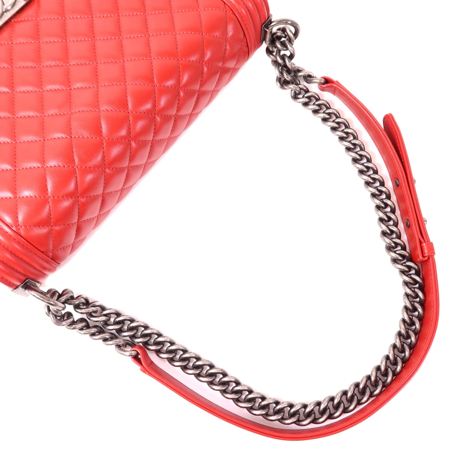 CHANEL CC SHW Boy 28 Chain Shoulder Bag Leather Red
