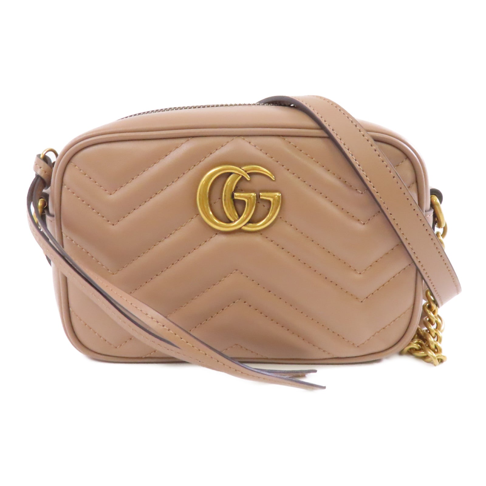 GUCCI 牛皮皮革GG Marmont金扣肩背袋杏色
