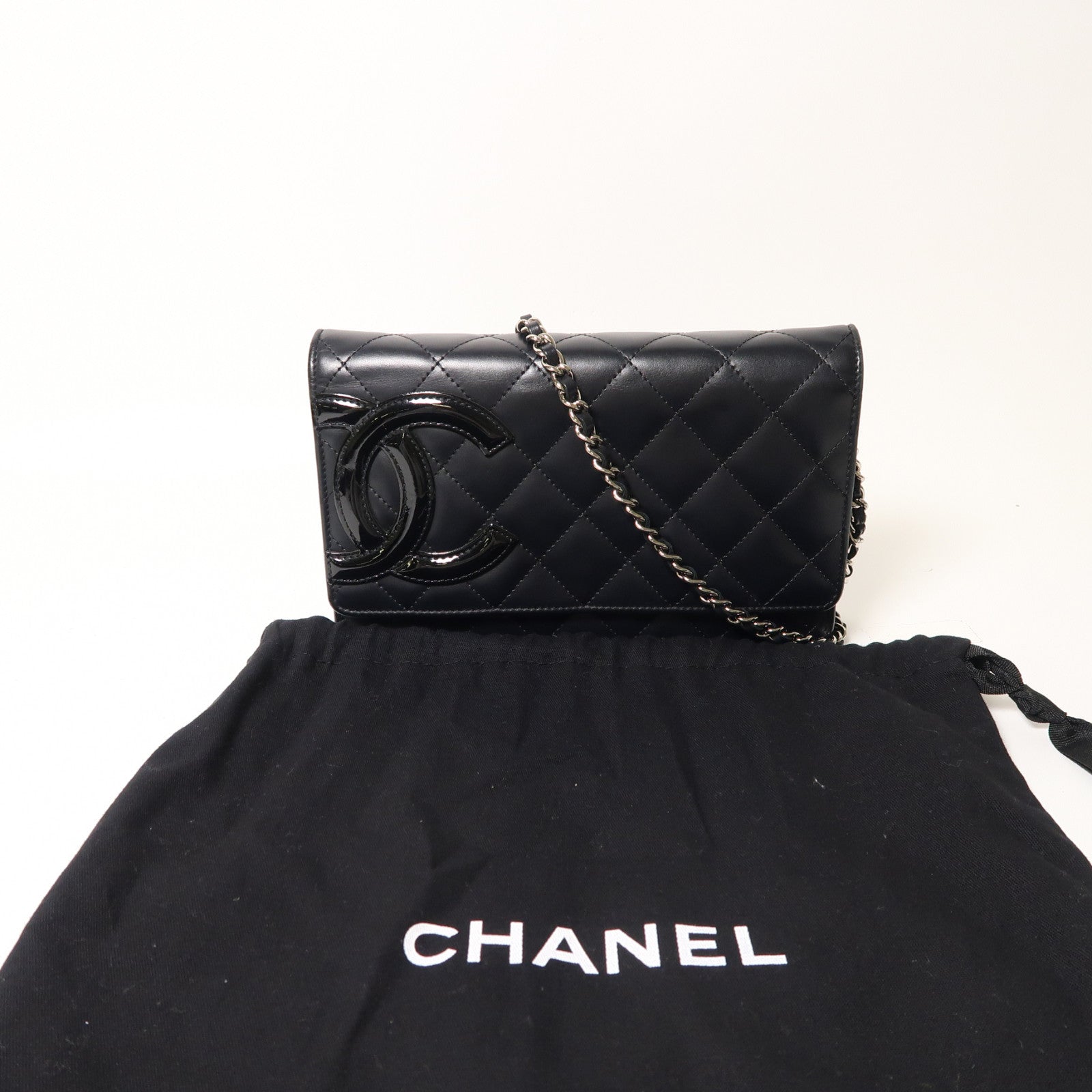 CHANEL 菱格牛皮皮革Cambon Wallet On Chain銀扣鏈帶肩背袋黑色