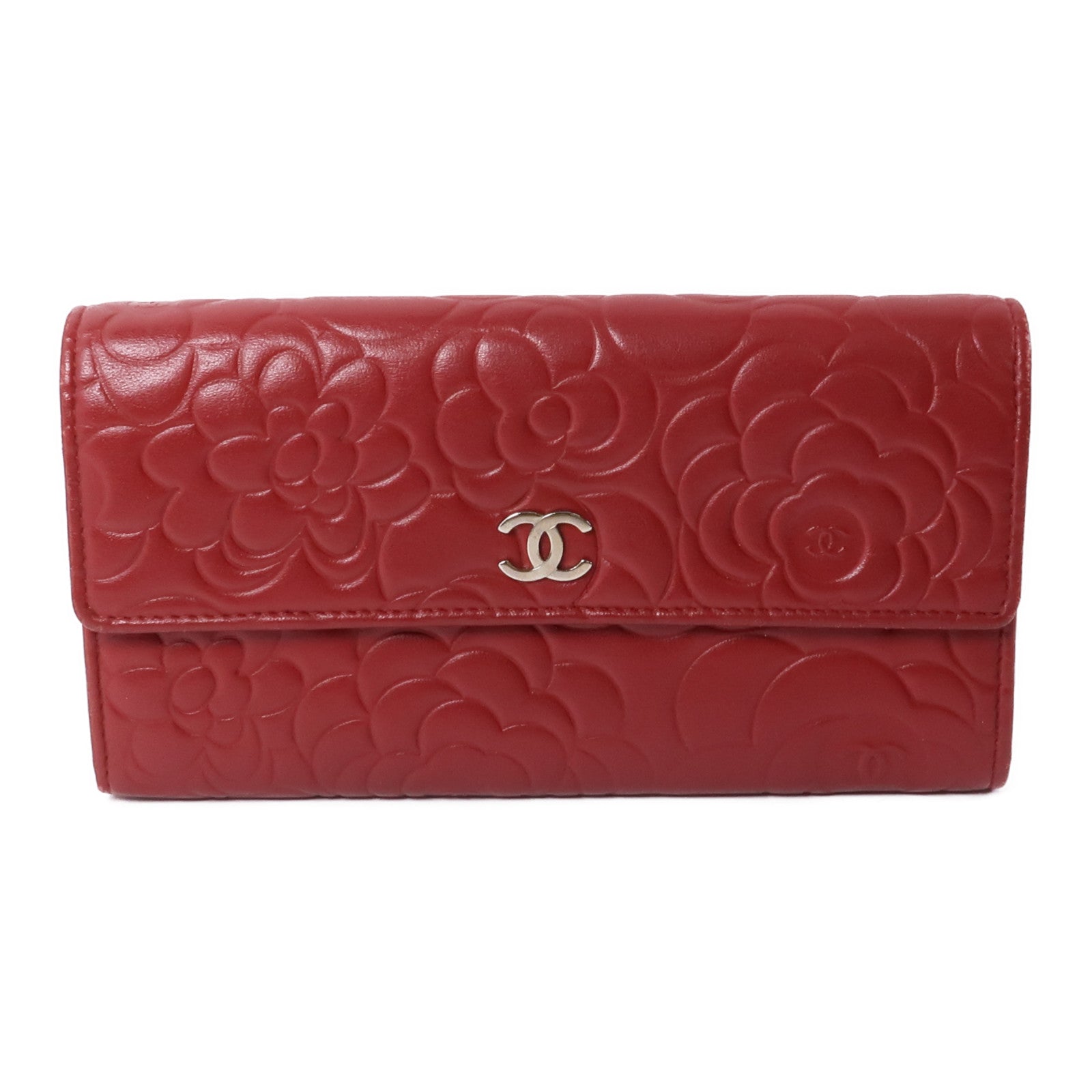 CHANEL 羊皮皮革Long Wallet銀扣長錢包紅色