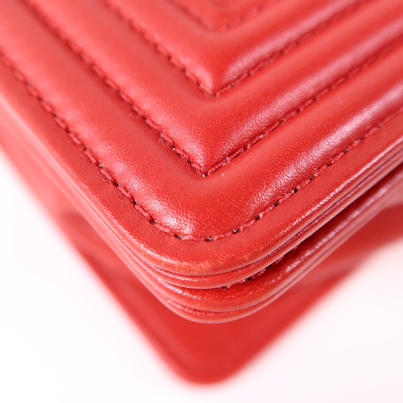 CHANEL CC SHW Boy 28 Chain Shoulder Bag Leather Red