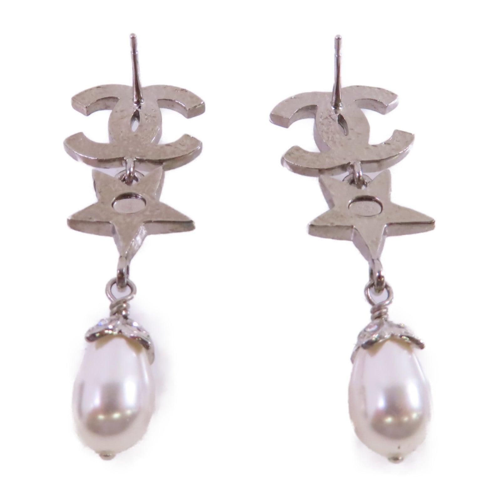 CHANEL 金屬/仿珍珠/水鑽CC Earrings銀扣耳環