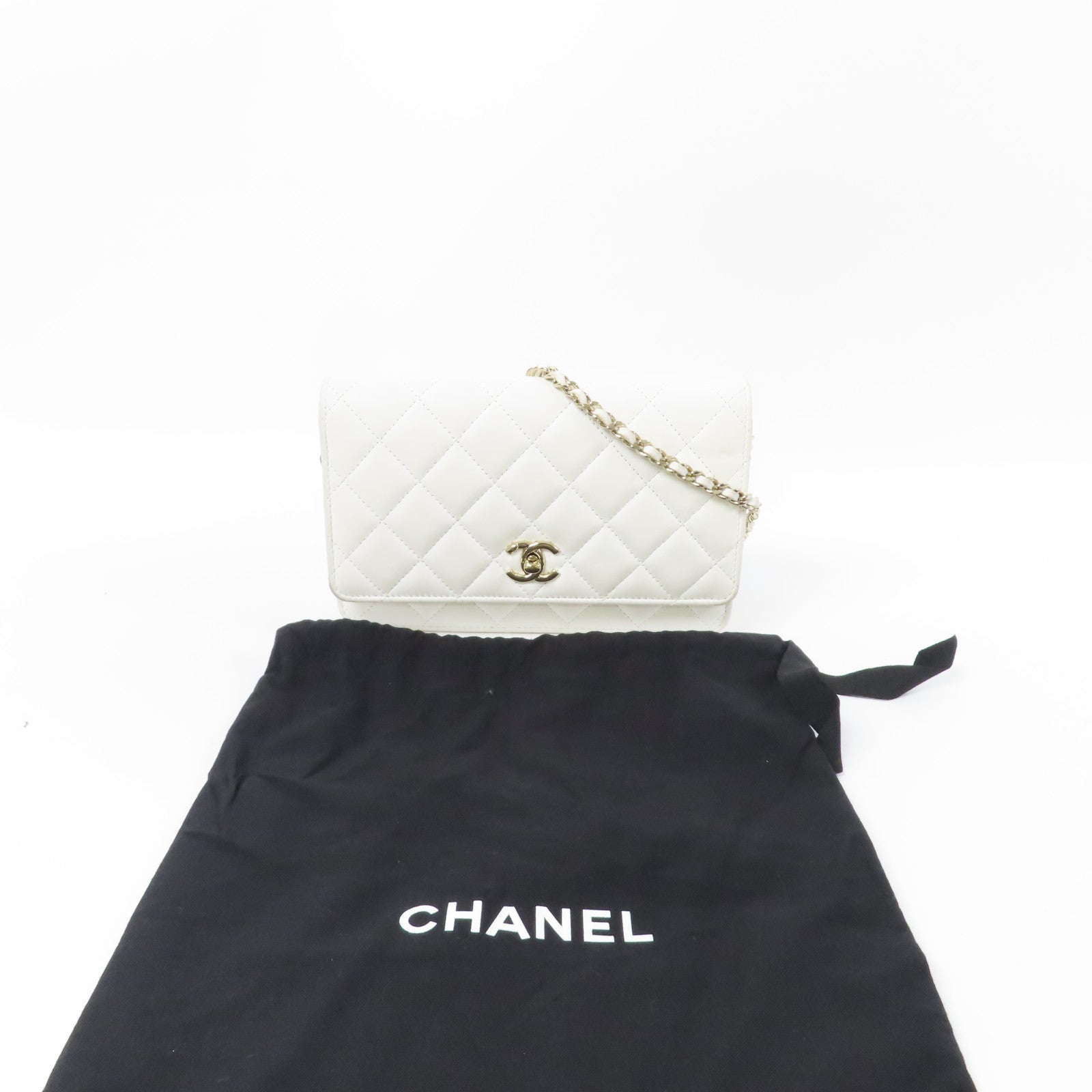 CHANEL 【激減優惠】菱格羊皮皮革WOC Wallet On Chain金扣鏈帶肩背袋白色