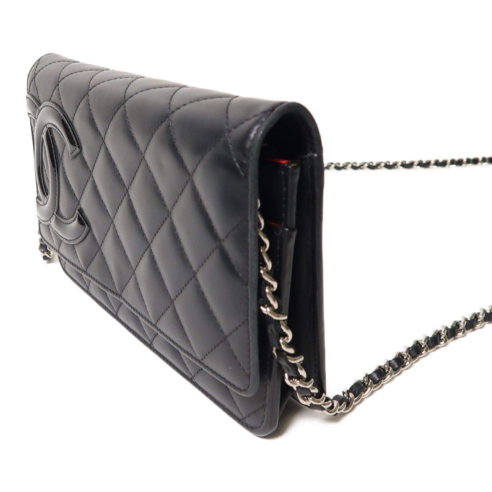 CHANEL 菱格牛皮皮革Cambon Wallet On Chain銀扣鏈帶肩背袋黑色