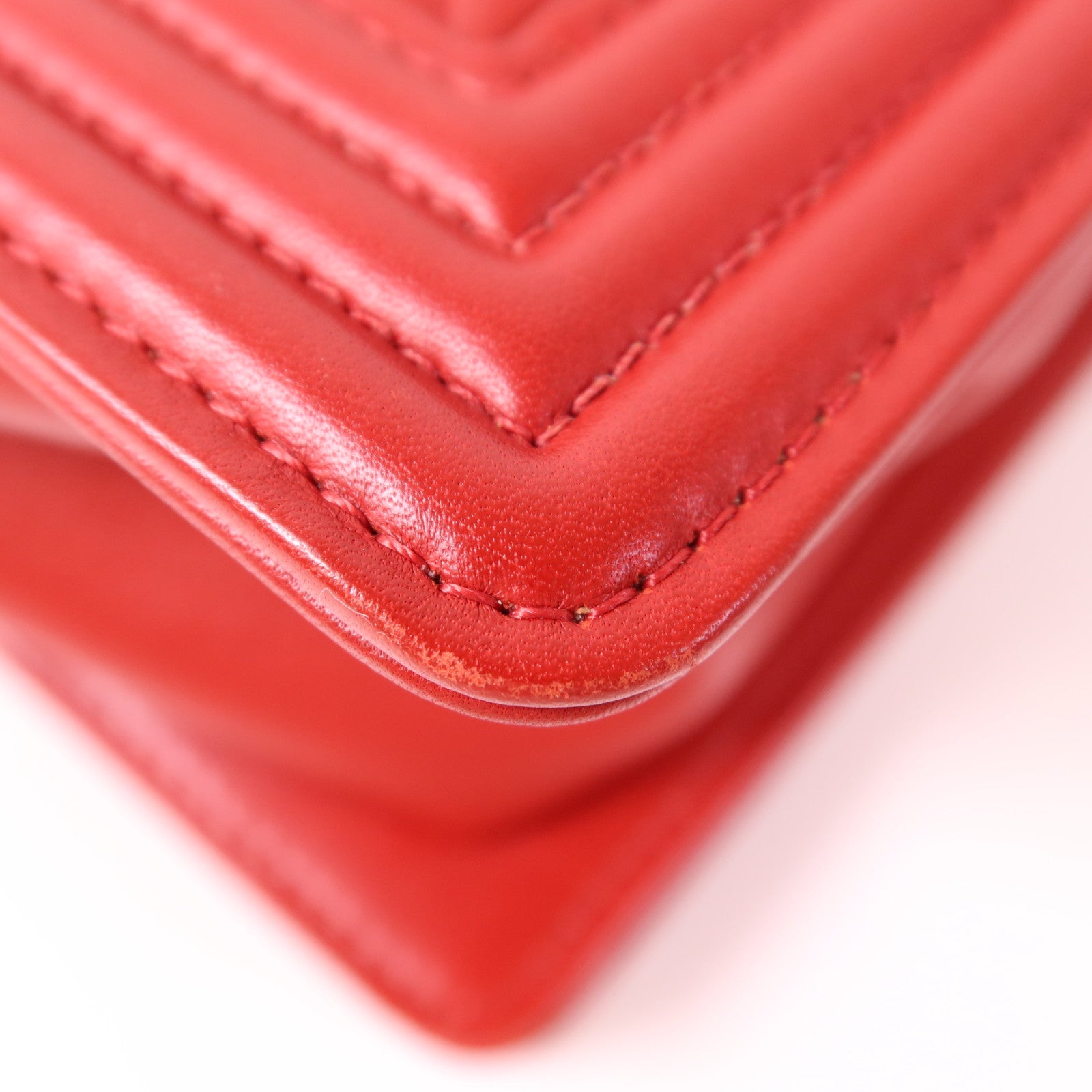 CHANEL CC SHW Boy 28 Chain Shoulder Bag Leather Red