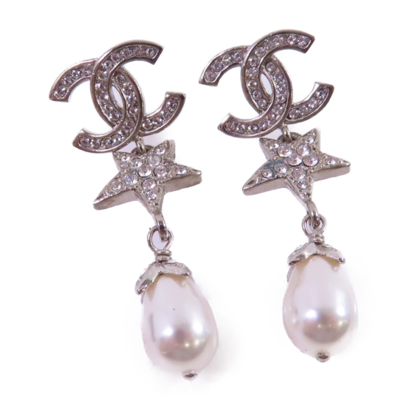 CHANEL 金屬/仿珍珠/水鑽CC Earrings銀扣耳環