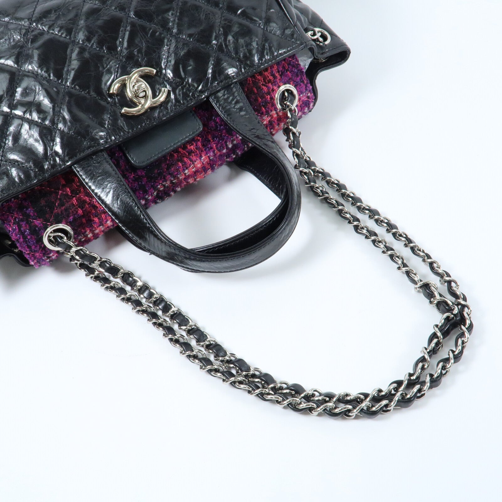 CHANEL 牛皮皮革/Tweed Portobello Tote銀扣鏈帶手挽肩背兩用袋