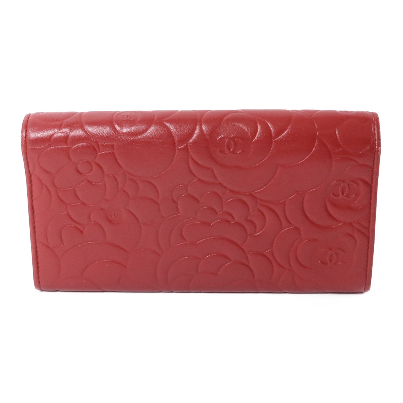CHANEL 羊皮皮革Long Wallet銀扣長錢包紅色