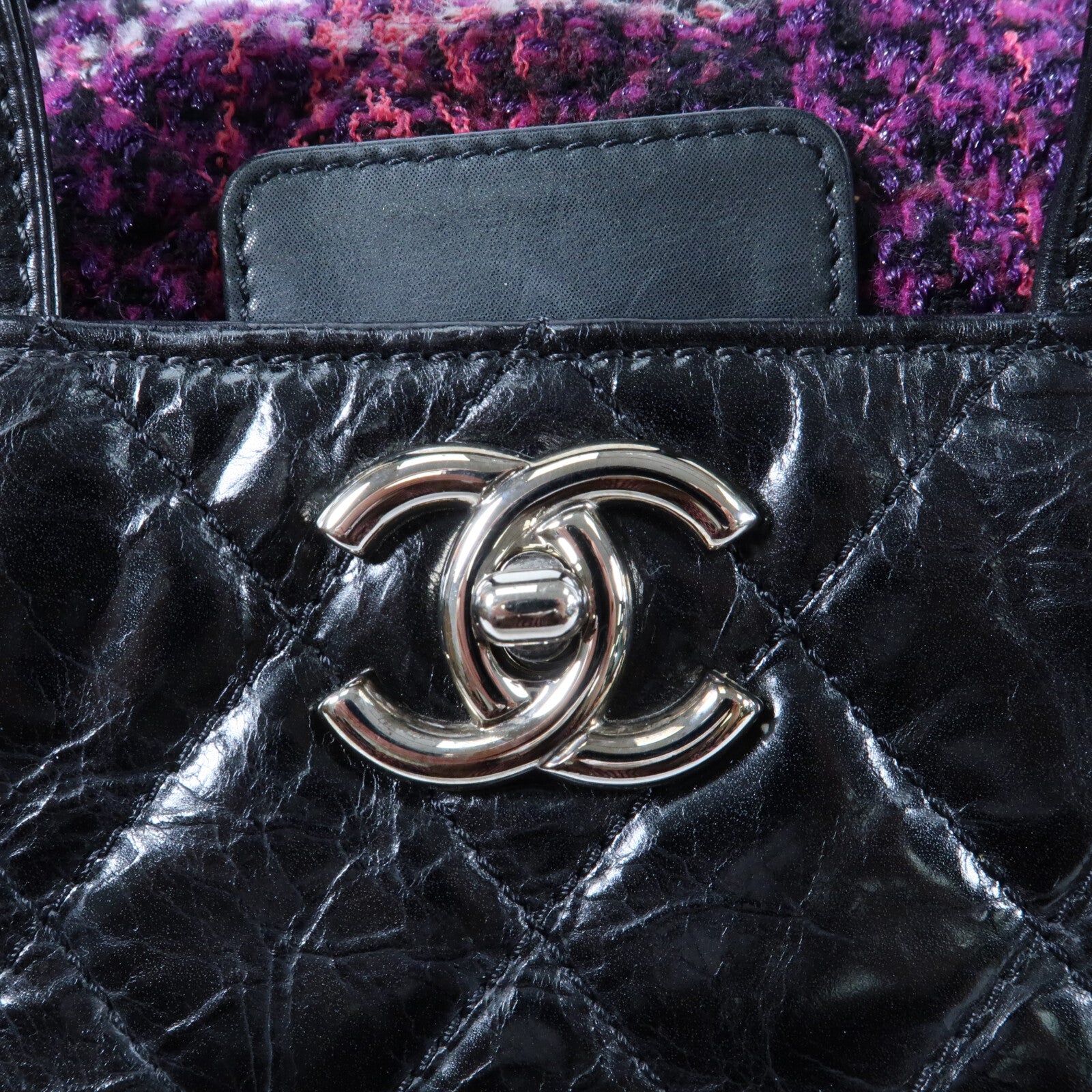 CHANEL 牛皮皮革/Tweed Portobello Tote銀扣鏈帶手挽肩背兩用袋
