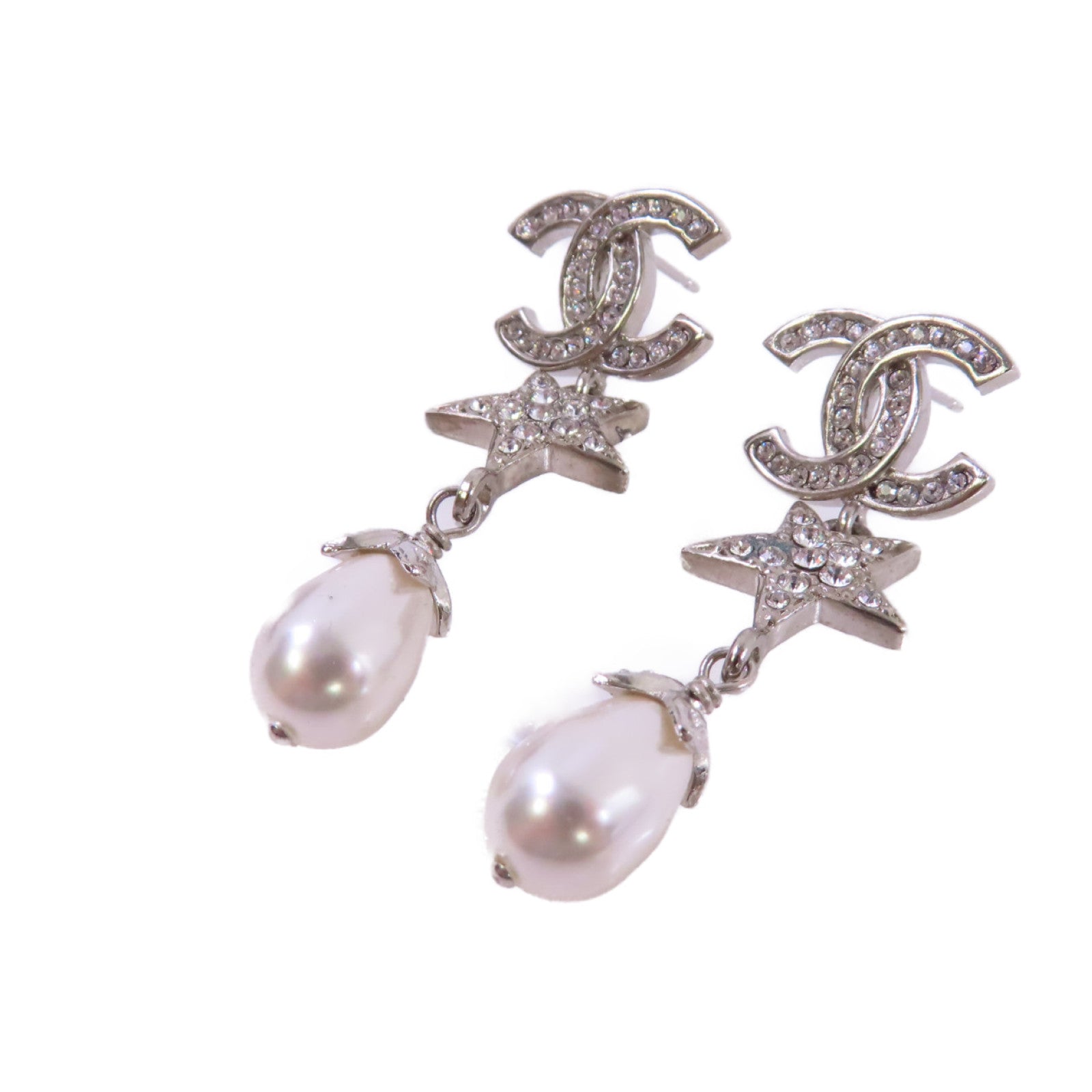 CHANEL 金屬/仿珍珠/水鑽CC Earrings銀扣耳環