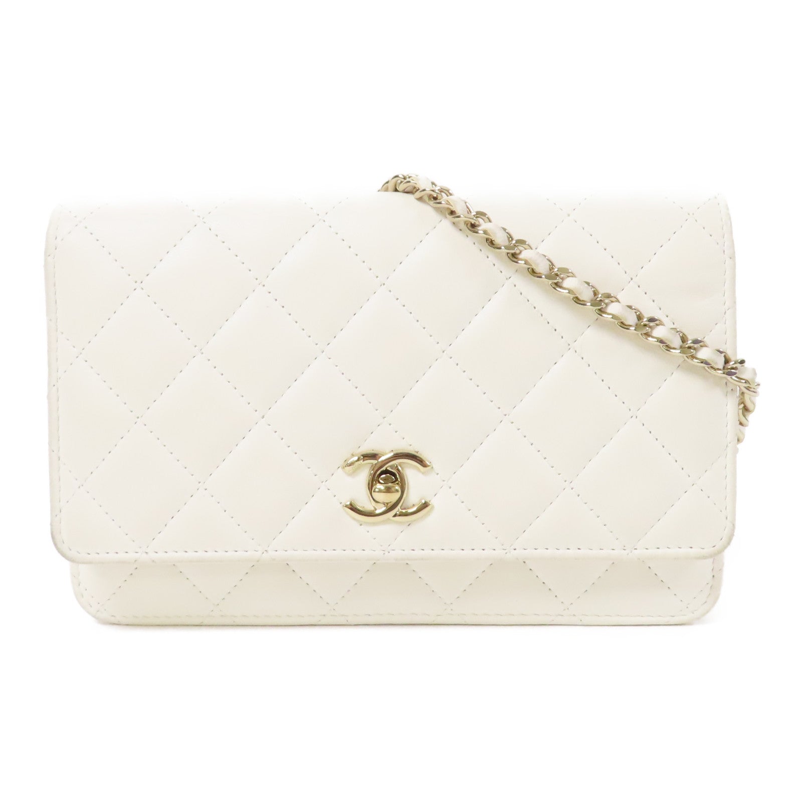 CHANEL 【激減優惠】菱格羊皮皮革WOC Wallet On Chain金扣鏈帶肩背袋白色