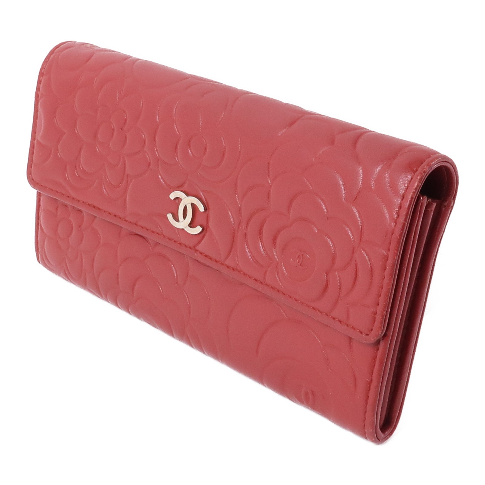 CHANEL 羊皮皮革Long Wallet銀扣長錢包紅色