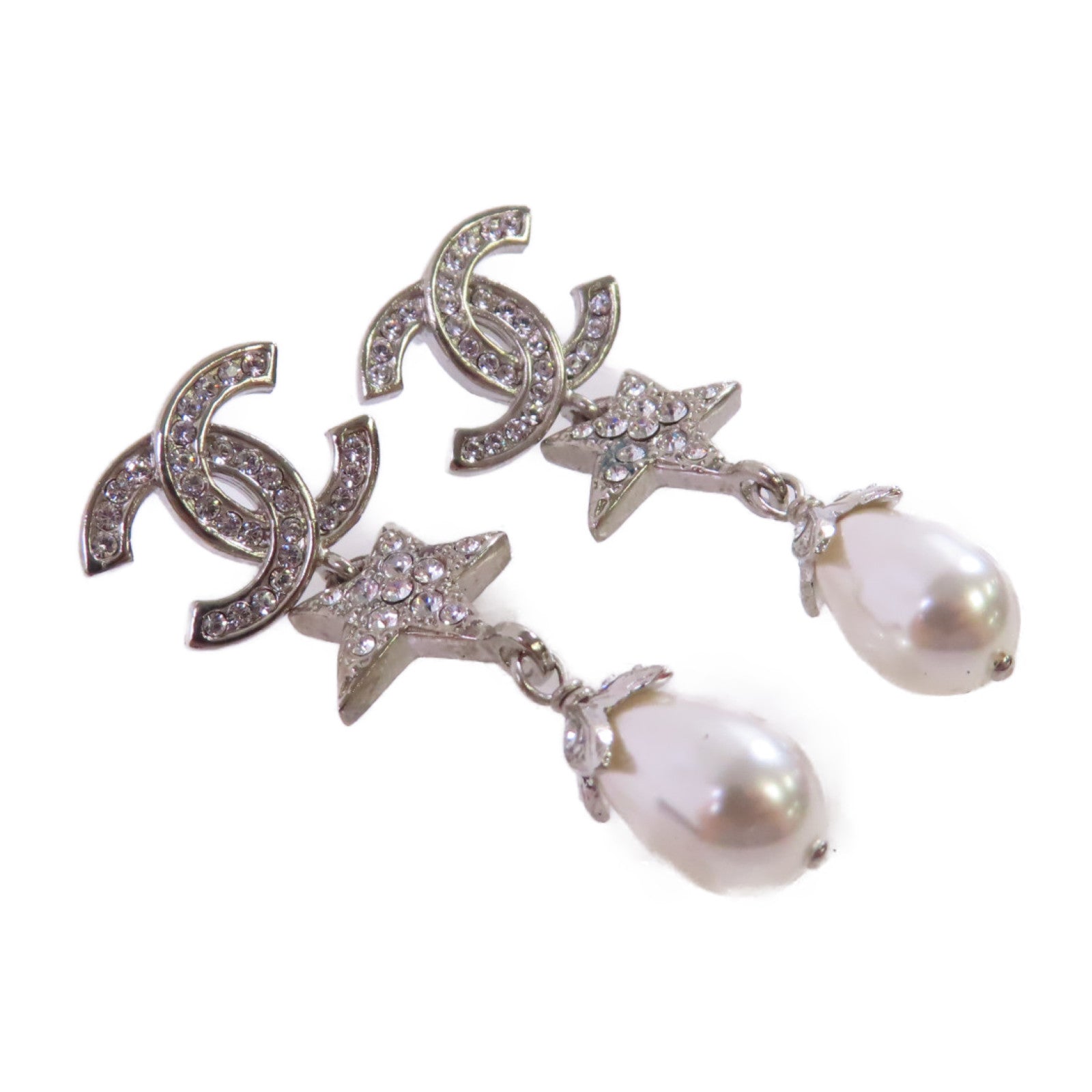 CHANEL 金屬/仿珍珠/水鑽CC Earrings銀扣耳環