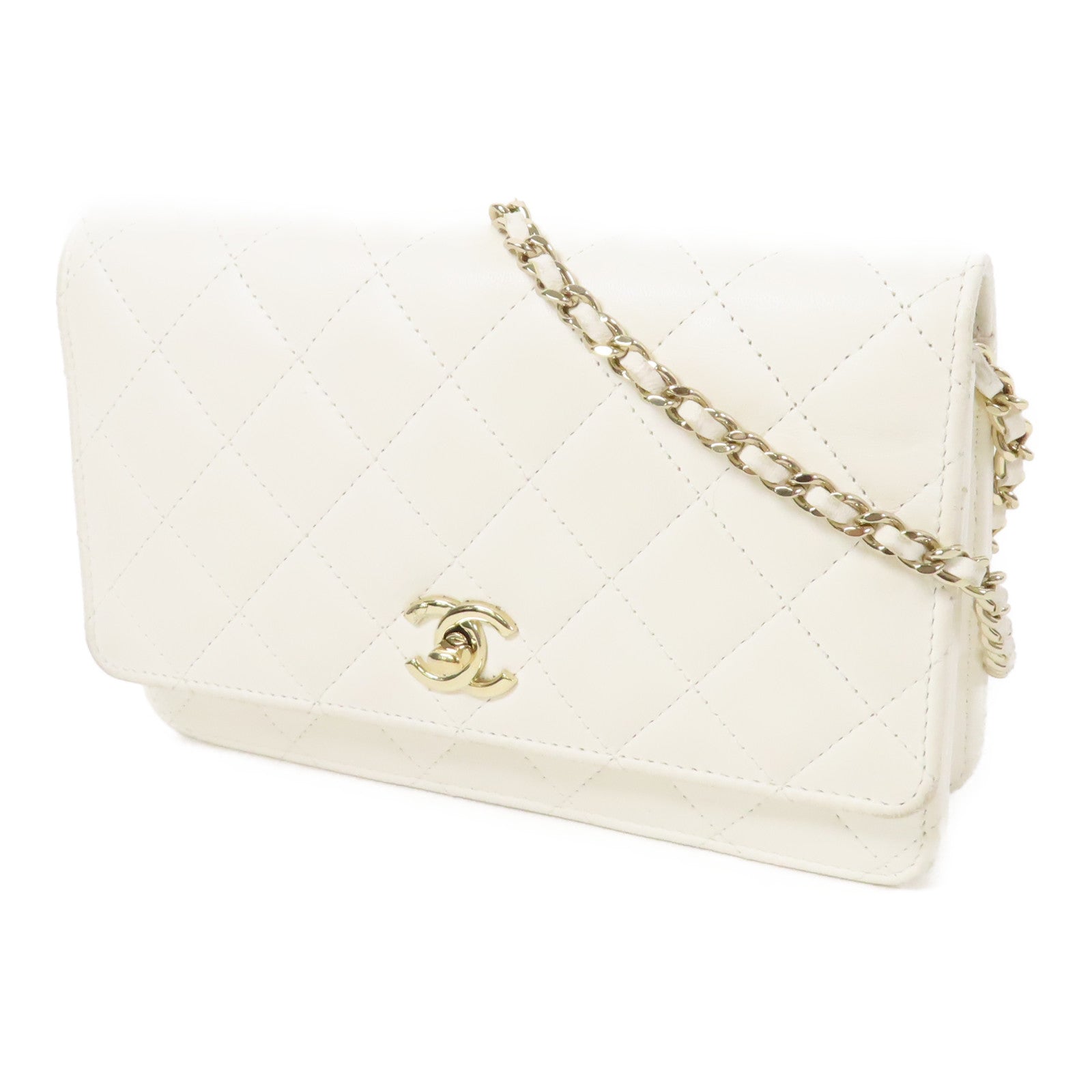 CHANEL 【激減優惠】菱格羊皮皮革WOC Wallet On Chain金扣鏈帶肩背袋白色
