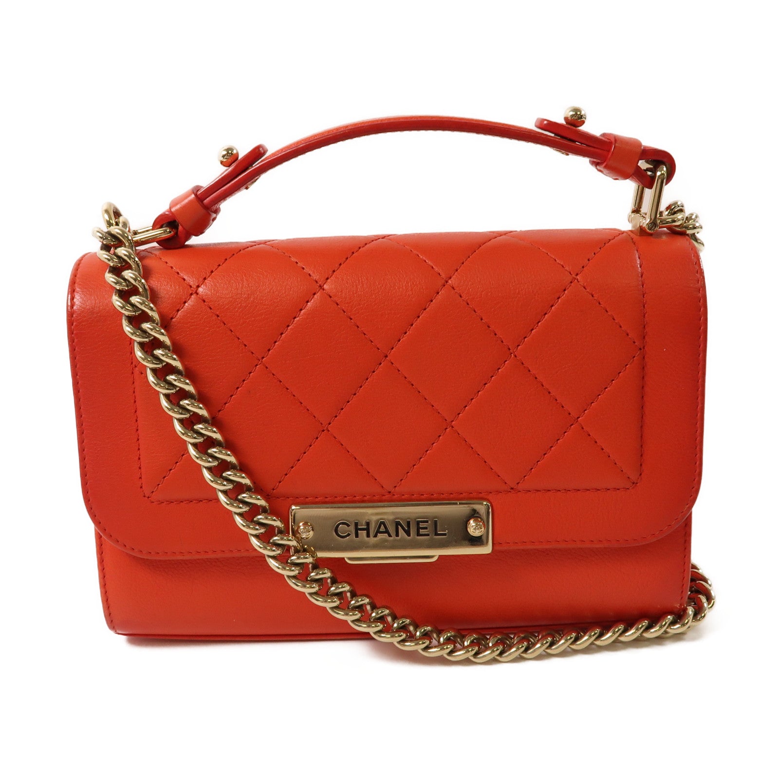 CHANEL 牛皮皮革Shoulder Bag金扣鏈帶手挽肩背兩用袋紅色