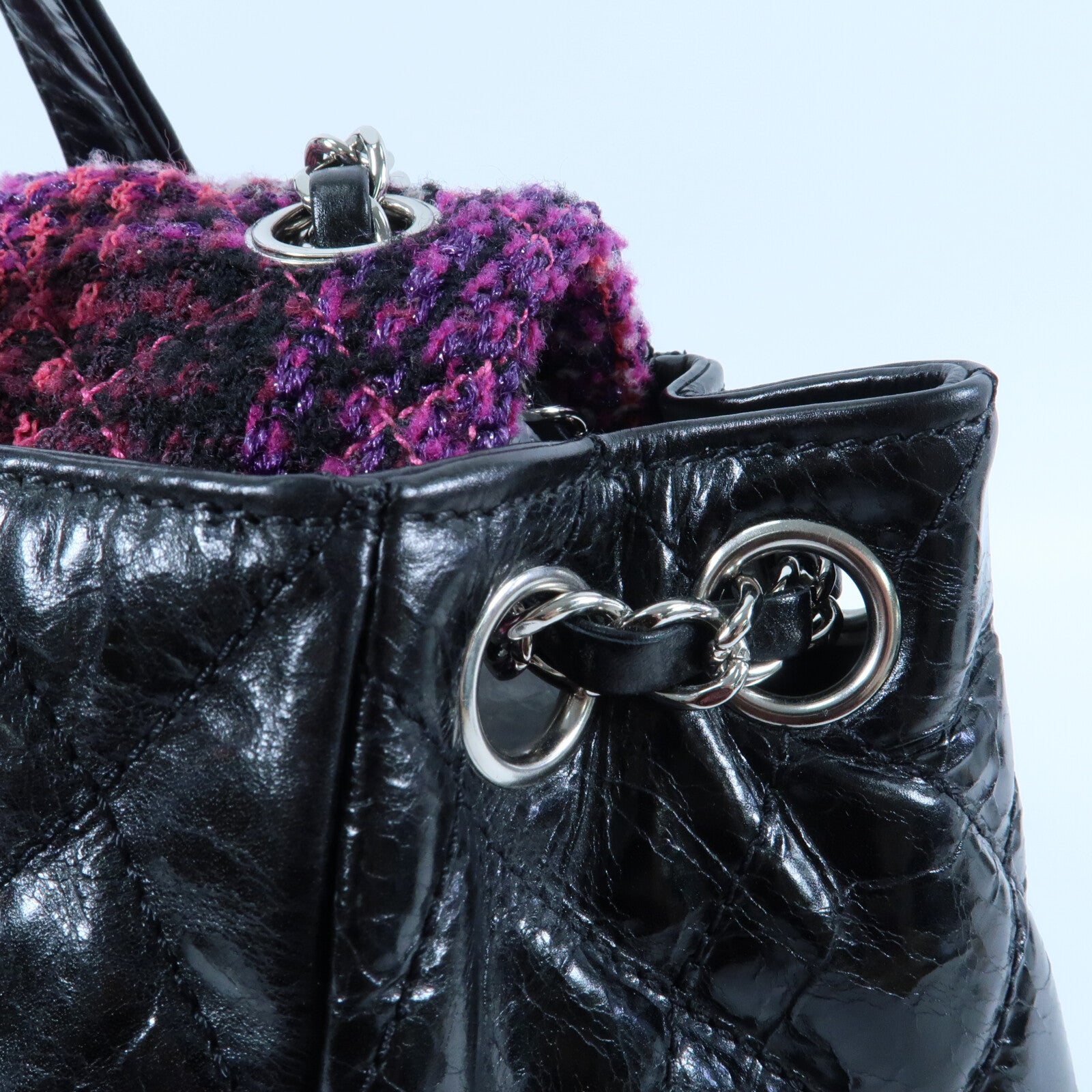 CHANEL 牛皮皮革/Tweed Portobello Tote銀扣鏈帶手挽肩背兩用袋