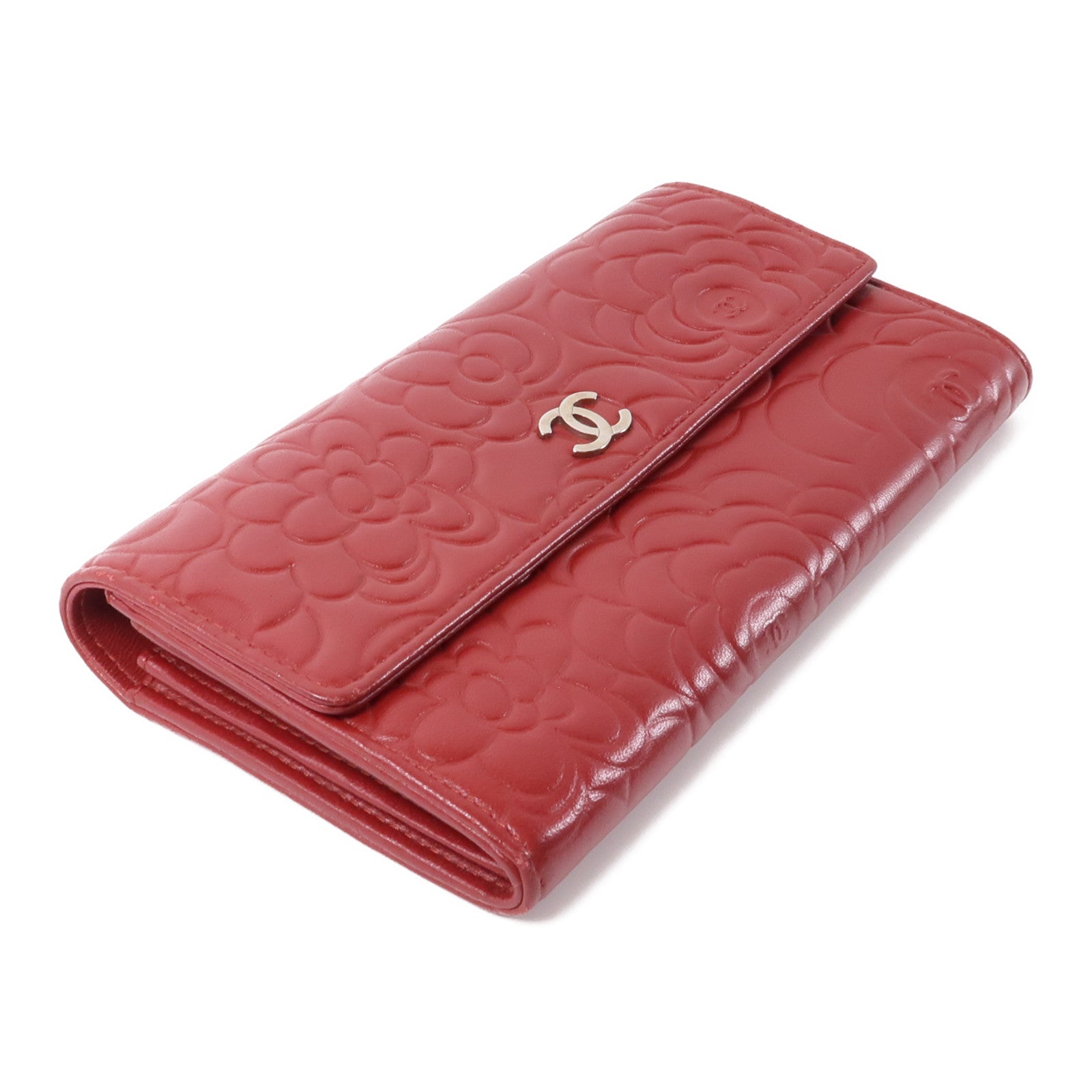 CHANEL 羊皮皮革Long Wallet銀扣長錢包紅色