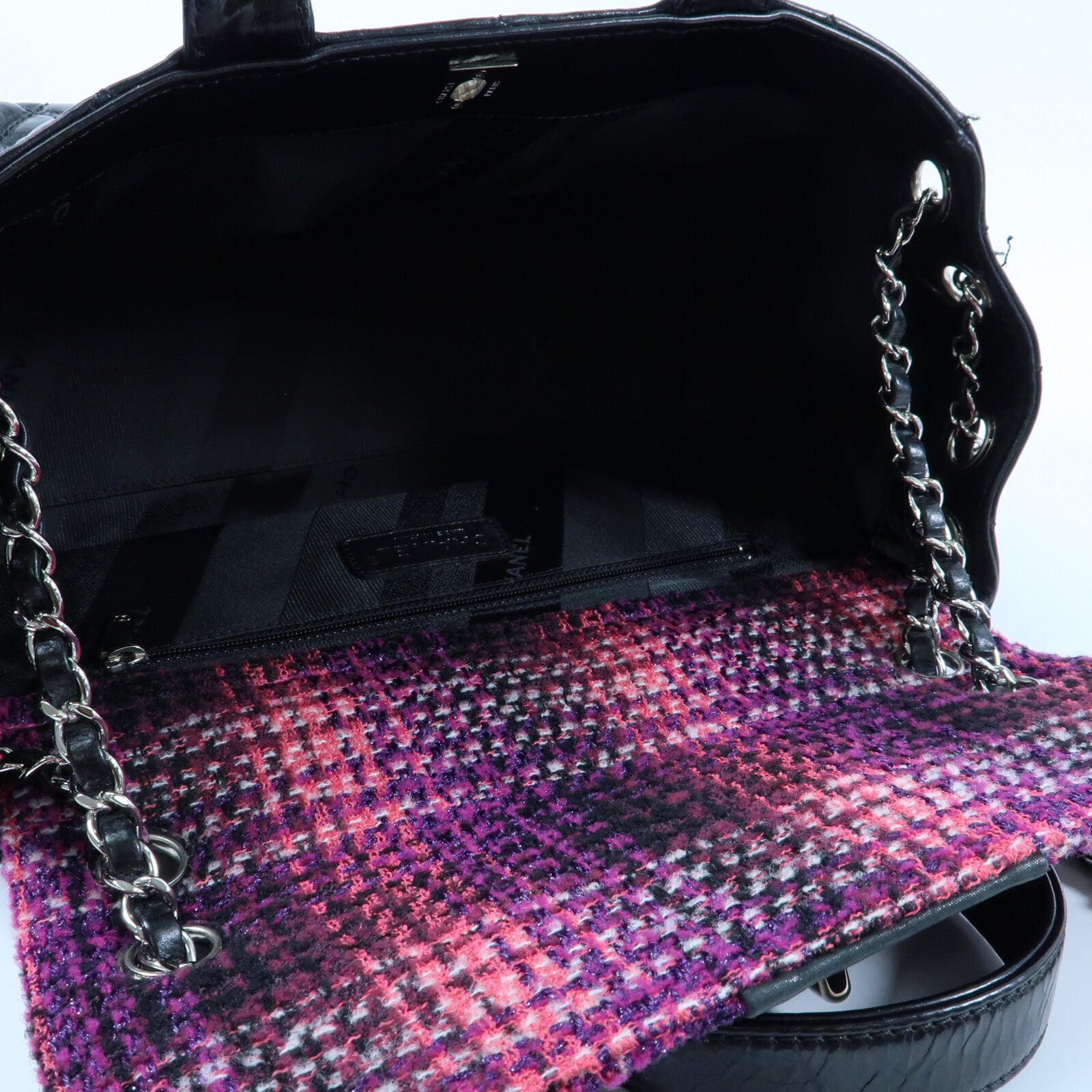 CHANEL 牛皮皮革/Tweed Portobello Tote銀扣鏈帶手挽肩背兩用袋