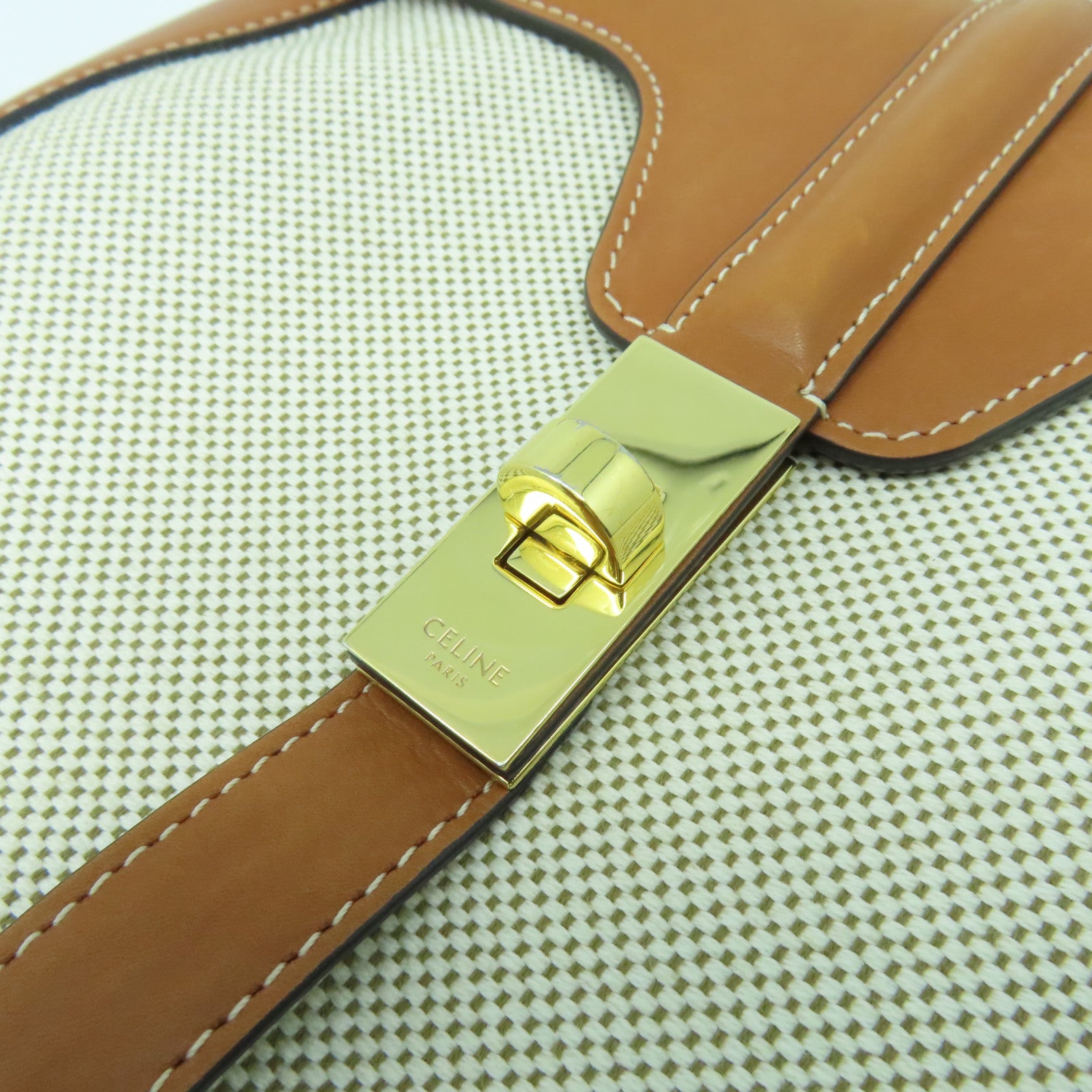 CELINE 牛皮皮革/帆布Shoulder Bag金扣肩背袋啡色/米色