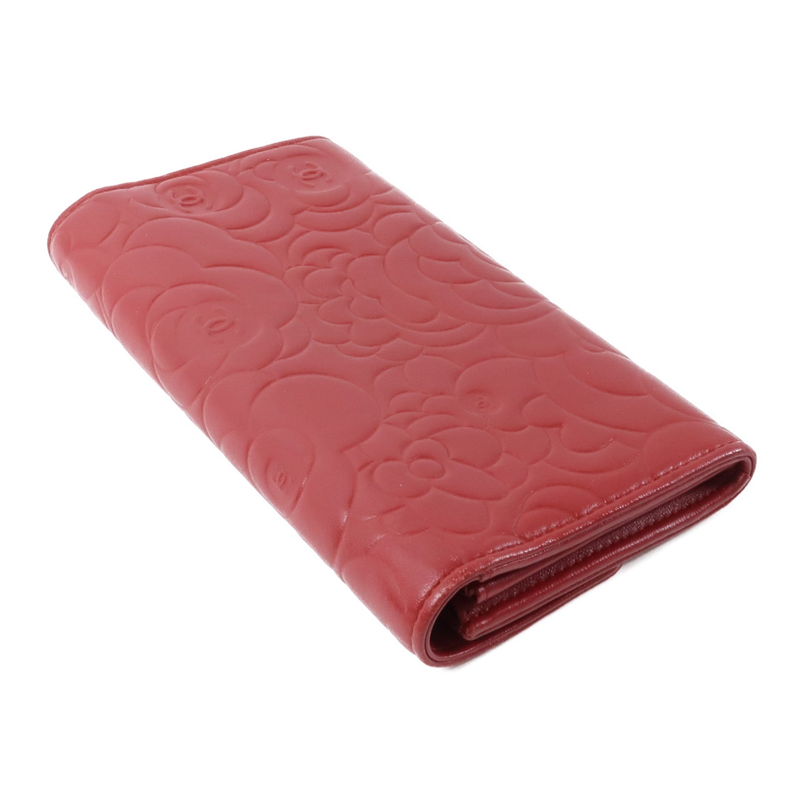 CHANEL 羊皮皮革Long Wallet銀扣長錢包紅色