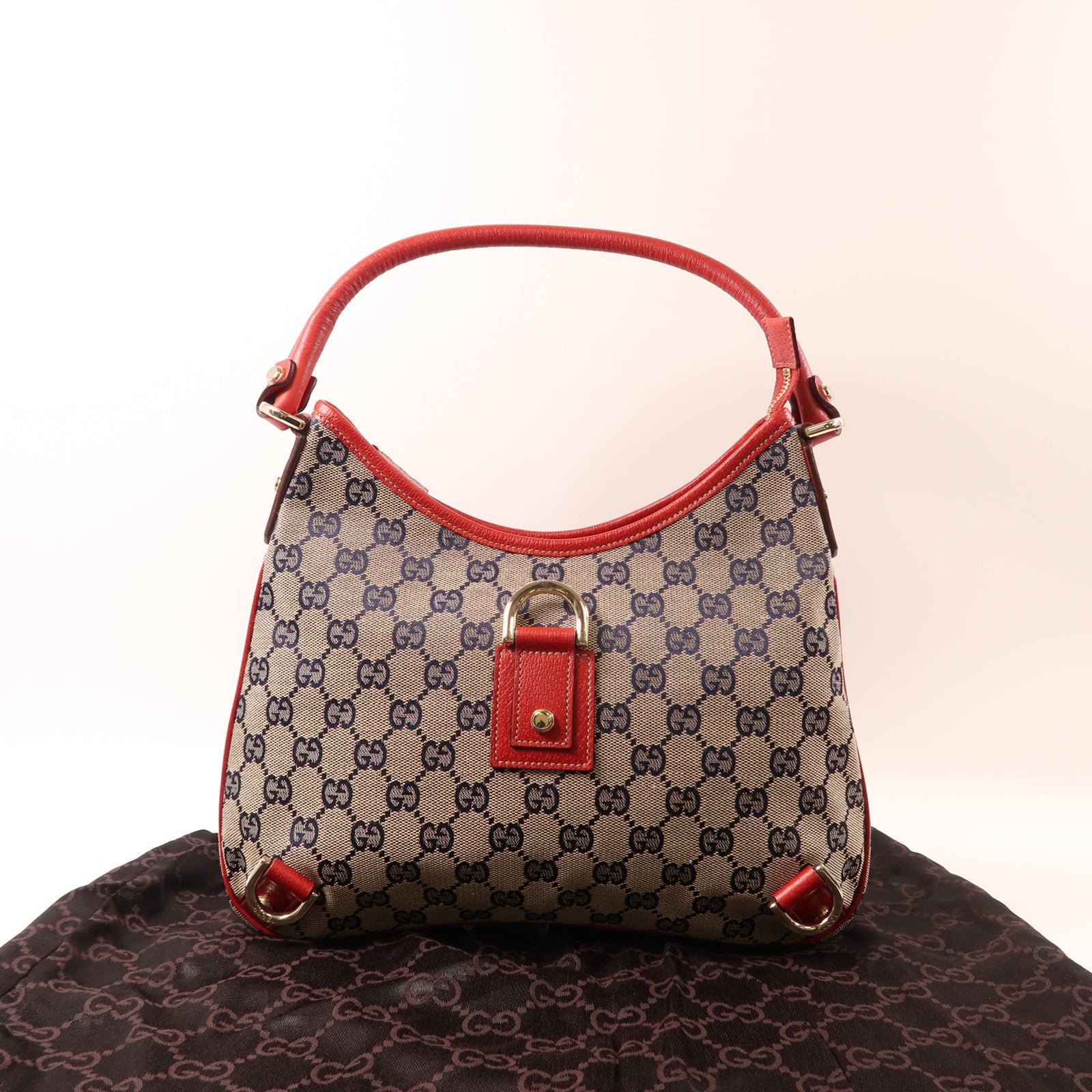 GUCCI 帆布/皮革Shoulder Bag金扣肩背袋灰色/紅色