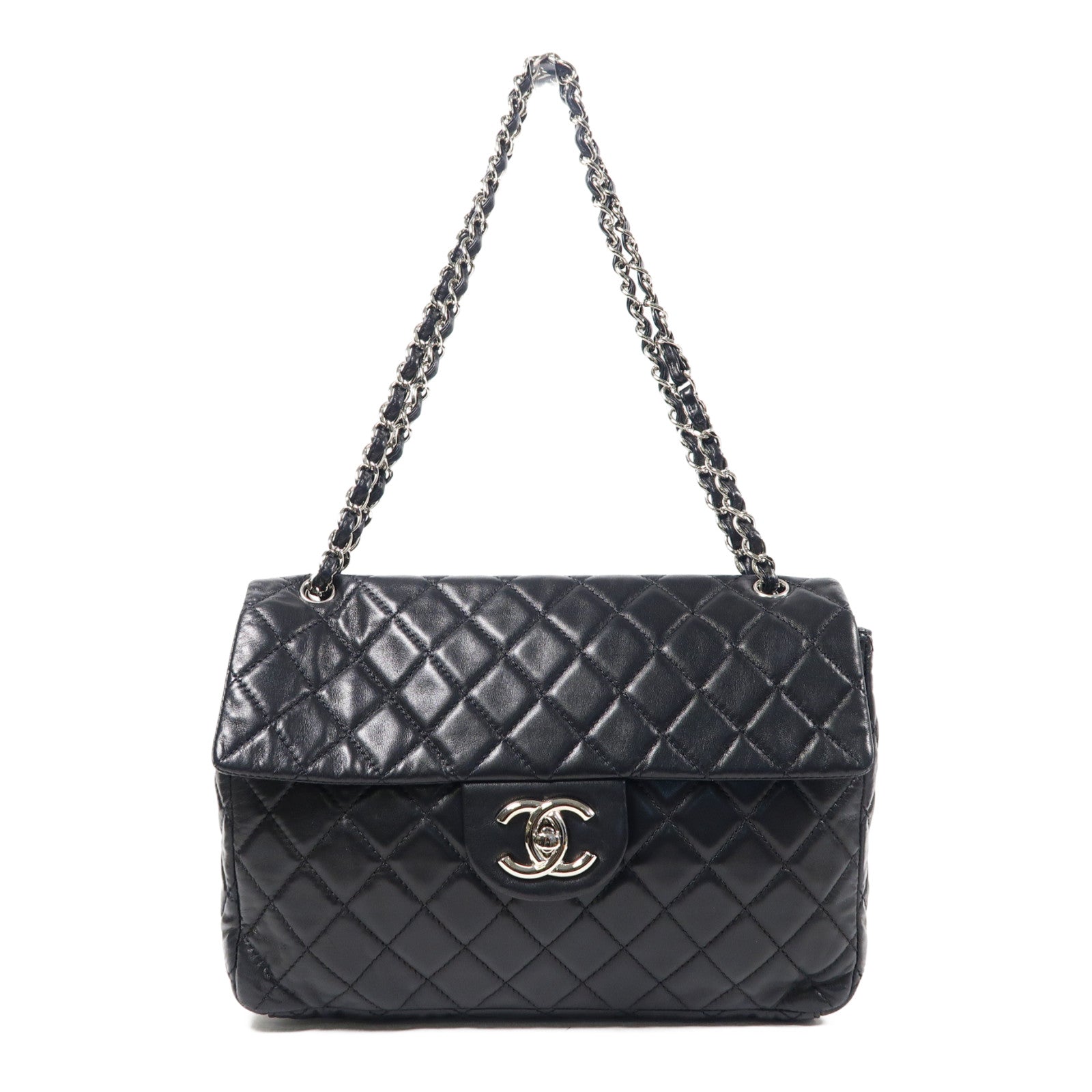 CHANEL 菱格羊皮皮革Shoulder Bag銀扣鏈帶肩背袋黑色