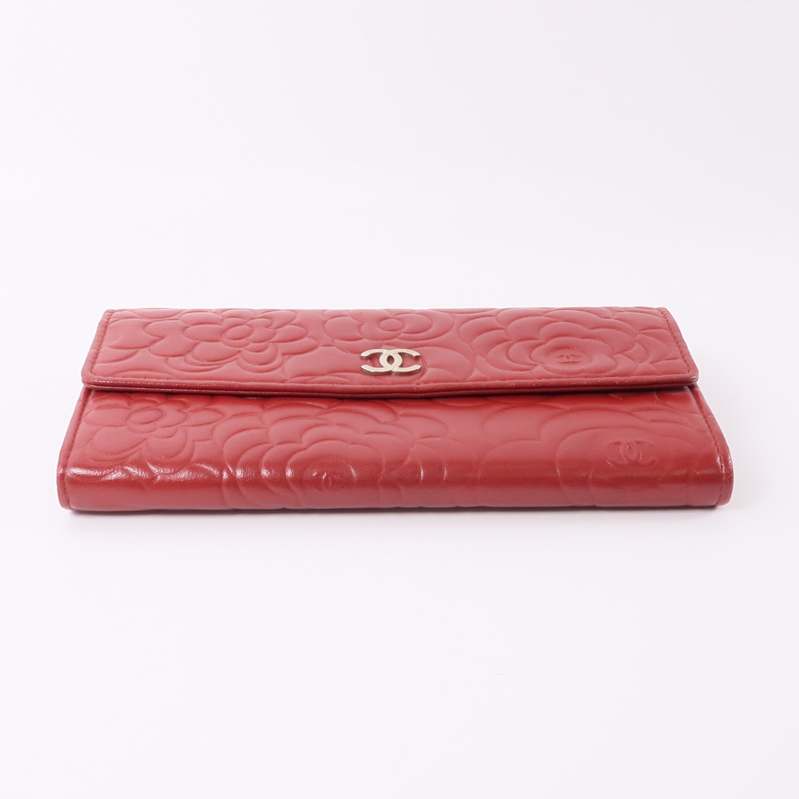 CHANEL 羊皮皮革Long Wallet銀扣長錢包紅色