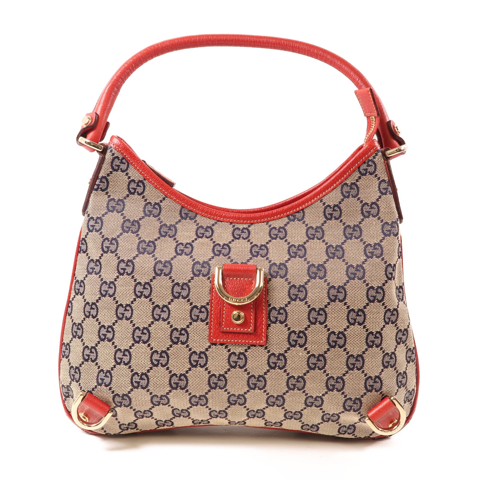 GUCCI 帆布/皮革Shoulder Bag金扣肩背袋灰色/紅色