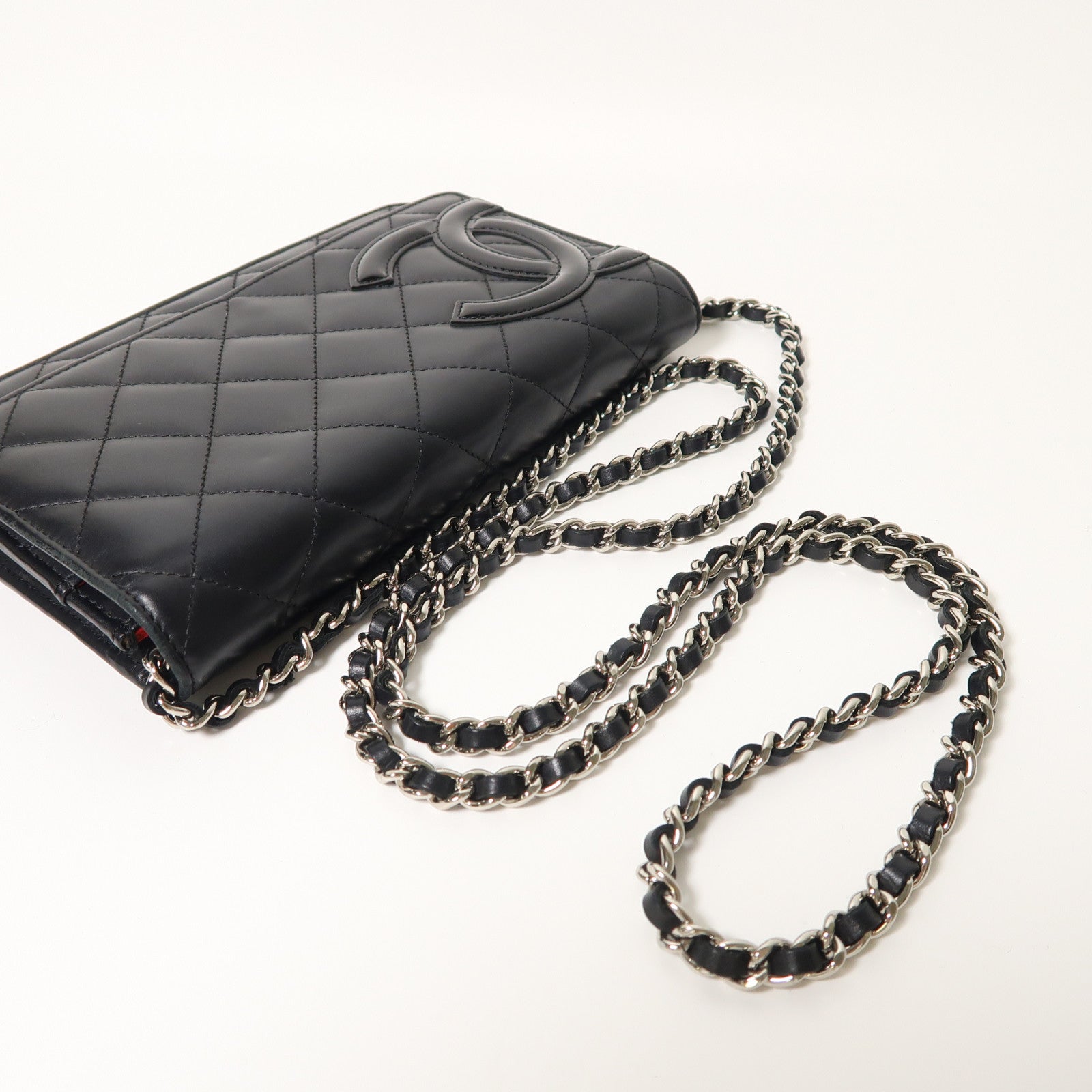 CHANEL 菱格牛皮皮革Cambon Wallet On Chain銀扣鏈帶肩背袋黑色