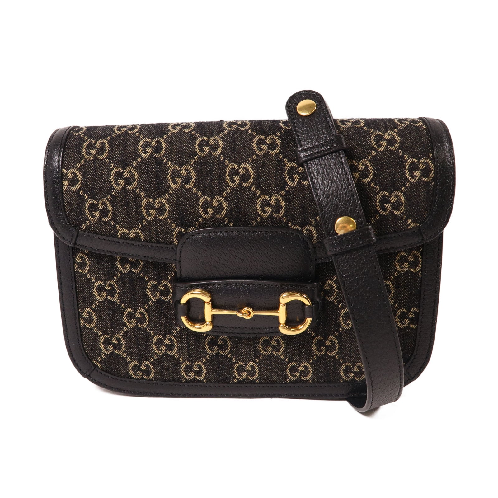 GUCCI GG帆布/皮革Horsebit 1955金扣肩背袋黑色