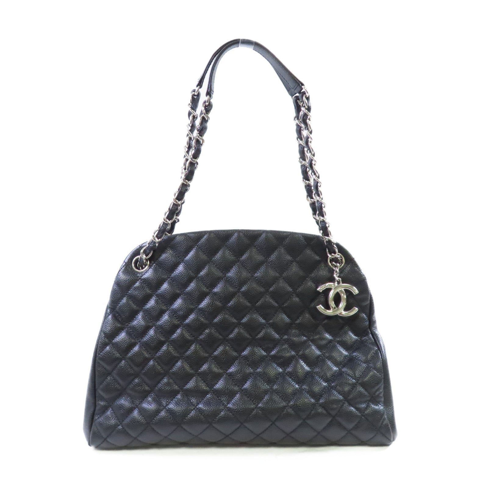 CHANEL 菱格牛皮皮革Chain Shoulder Bag銀扣鏈帶肩背袋黑色